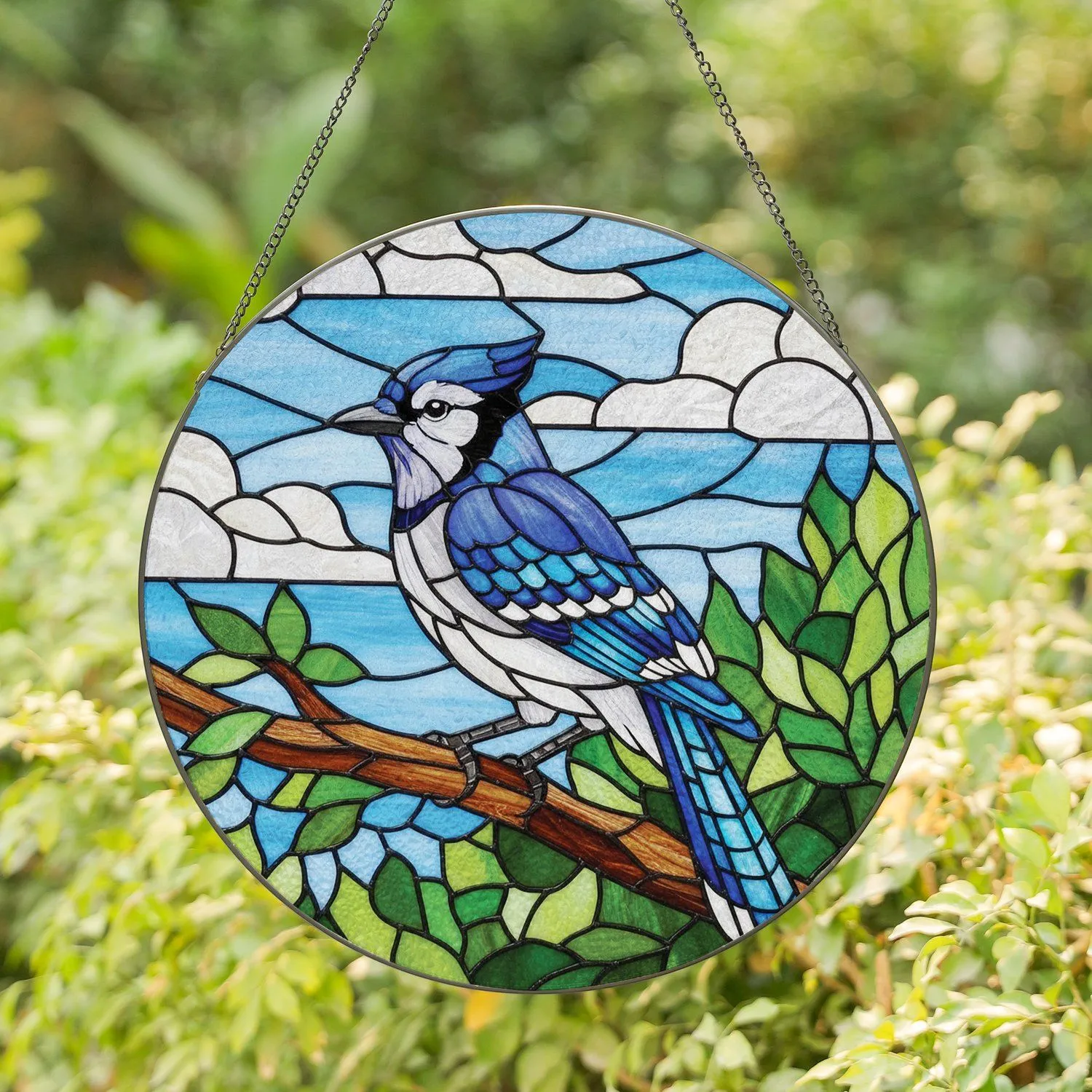 Stained Glass Blue Jay Tree Branch Green Leaves Sky Clouds - Home Decor Gift Stained Glass Suncatcher - 1
