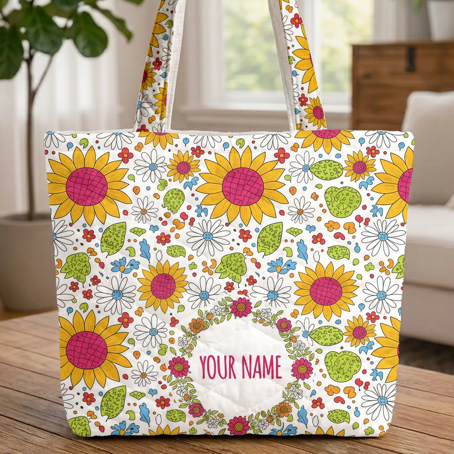 Sunflowers Daisies Small Flowers Abstract Leaf Wreath Bouquet - Everyday Carry Gift Quilted Tote Bag - 1