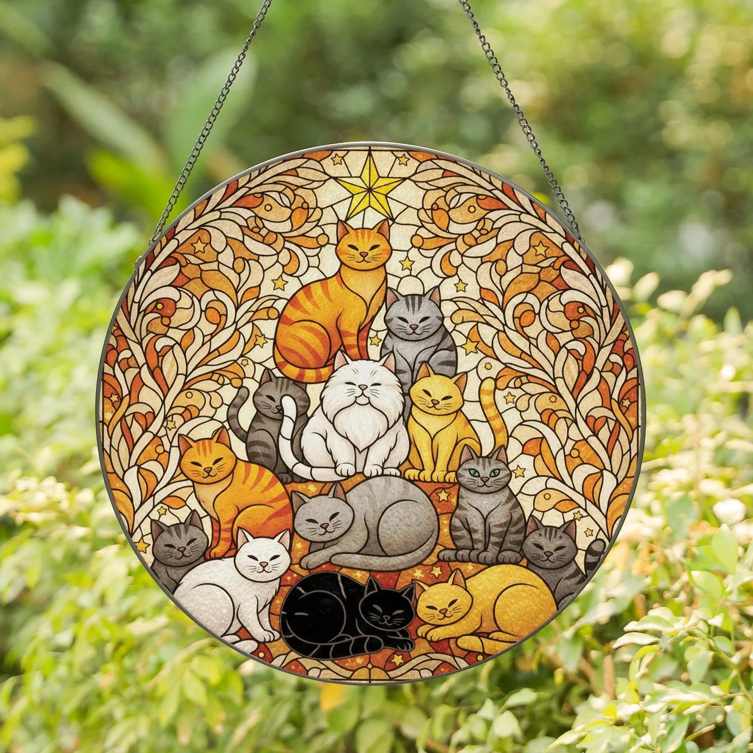 Fifteen Cats Pyramid Stack Star Foliage Tiny Stars Mosaic - Home Decor Gift for Cat Lover Stained Glass Suncatcher - 1