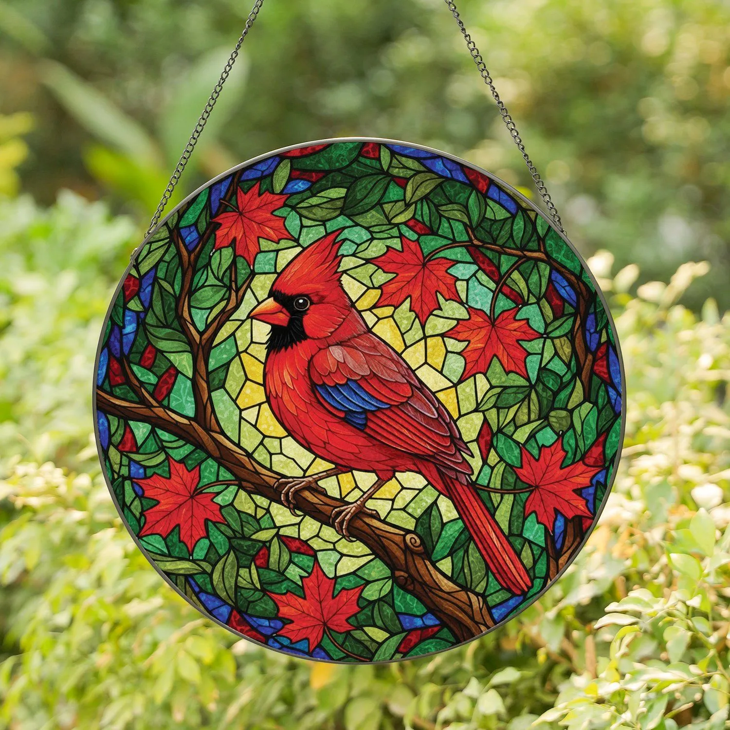 Majestic Cardinal Bird Tree Branch Maple Leaves - Home Decor Gift for Bird Lovers Stained Glass Suncatcher - 1