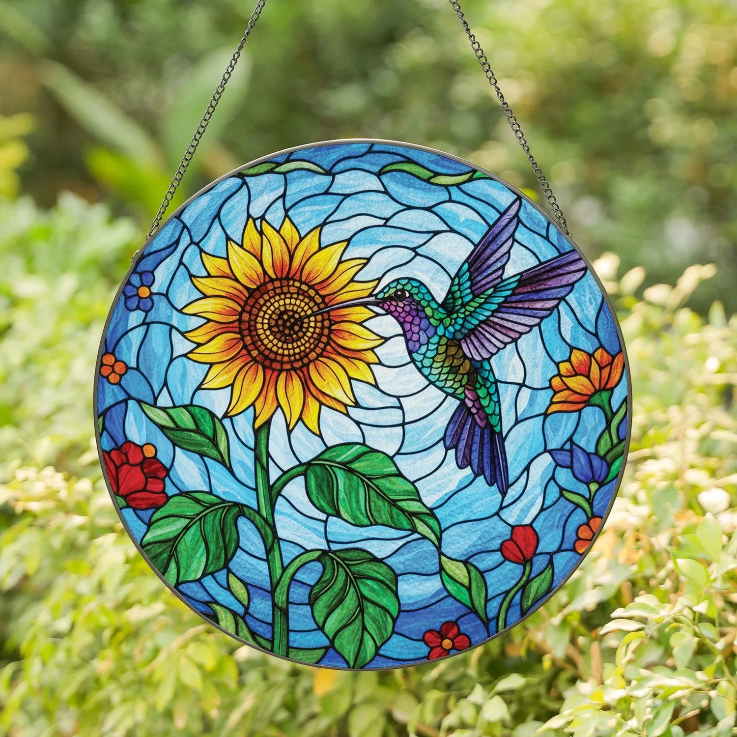 Hummingbird Sunflower Swirling Sky - Home Decor Gift for Wildlife Lover Stained Glass Suncatcher - 1