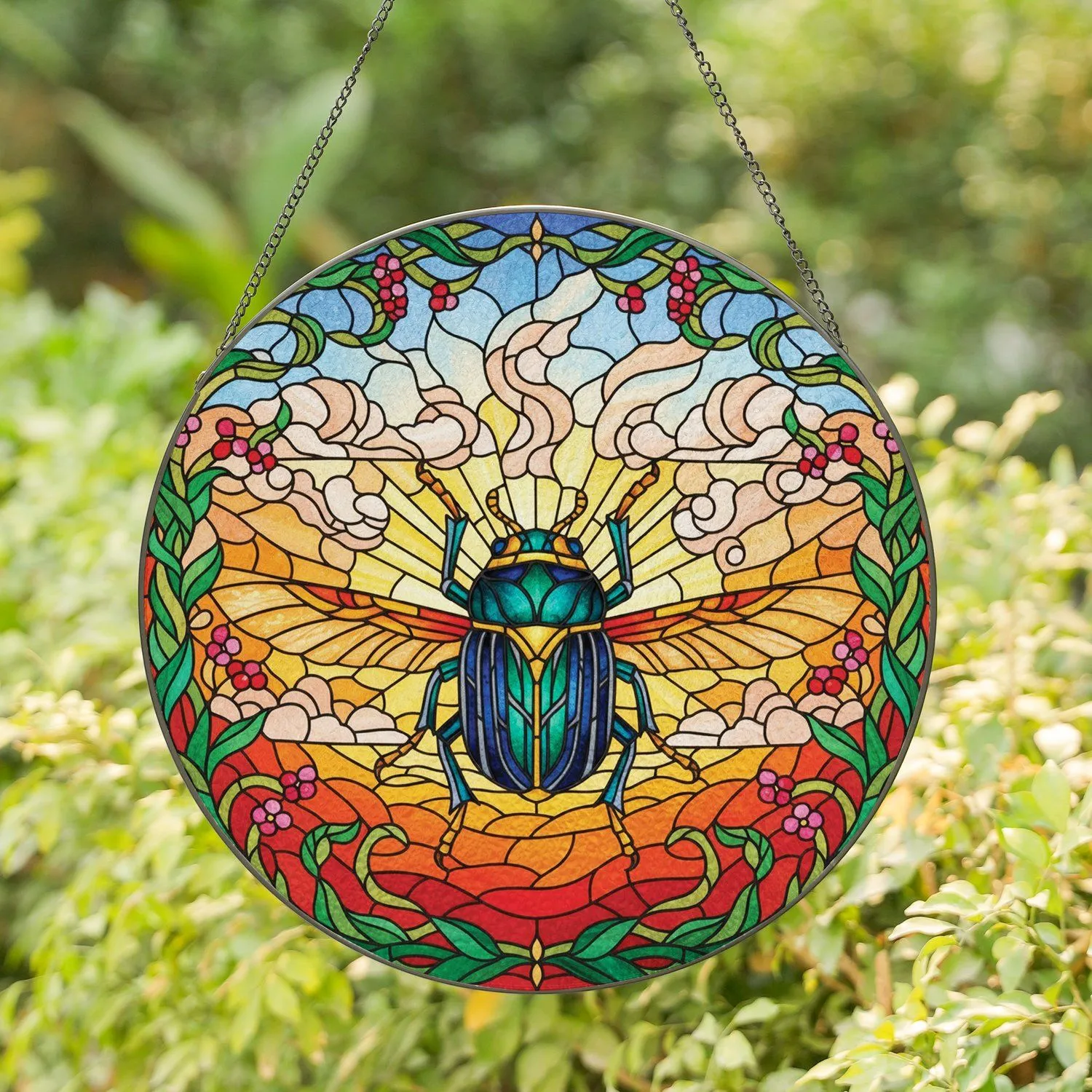 Ornate Scarab Beetle Foliage Stained Glass Sunset Home Decor Gift for Wildlife Lover Stained Glass Suncatcher - 1