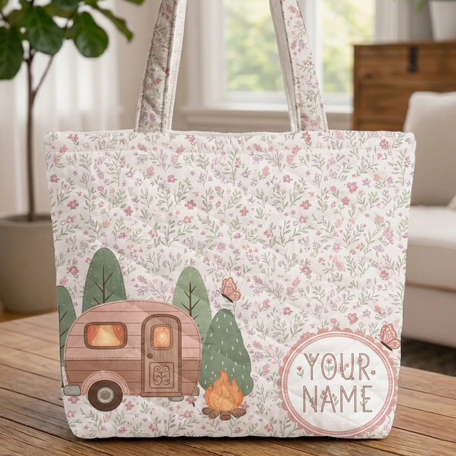Personalized Vintage Camper Van Campfire Wildflowers - Travel Essentials Gift Quilted Tote Bag - 1