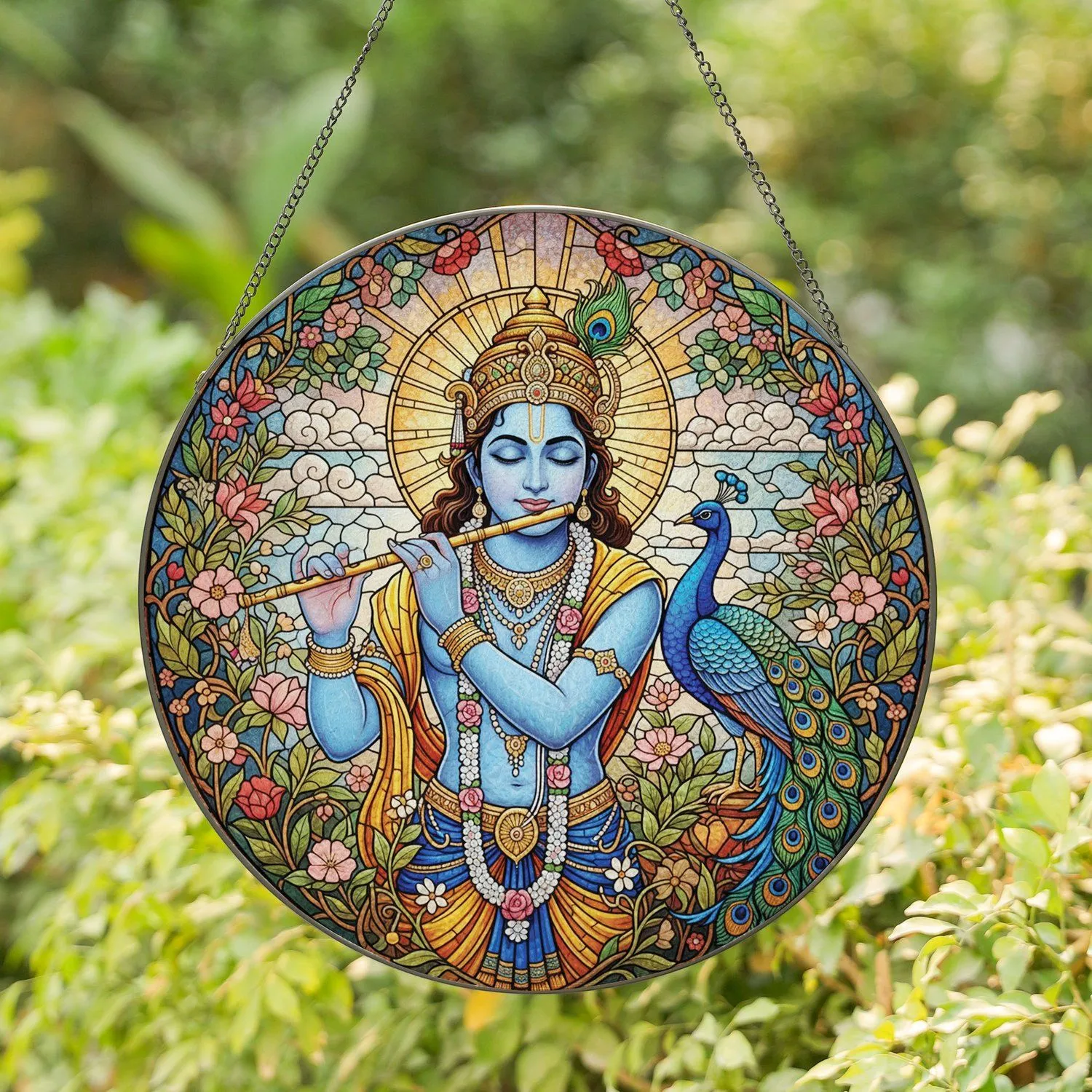 Lord Krishna Golden Flute Blue Peacock Floral Garden - Spiritual Decor Gift Stained Glass Suncatcher - 1