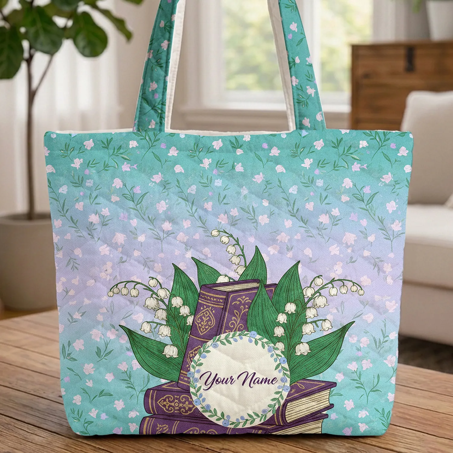 Lily of the Valley Vintage Books Bellflower Wreath Everyday Carry Gift for Book Lover Quilted Tote Bag - 1