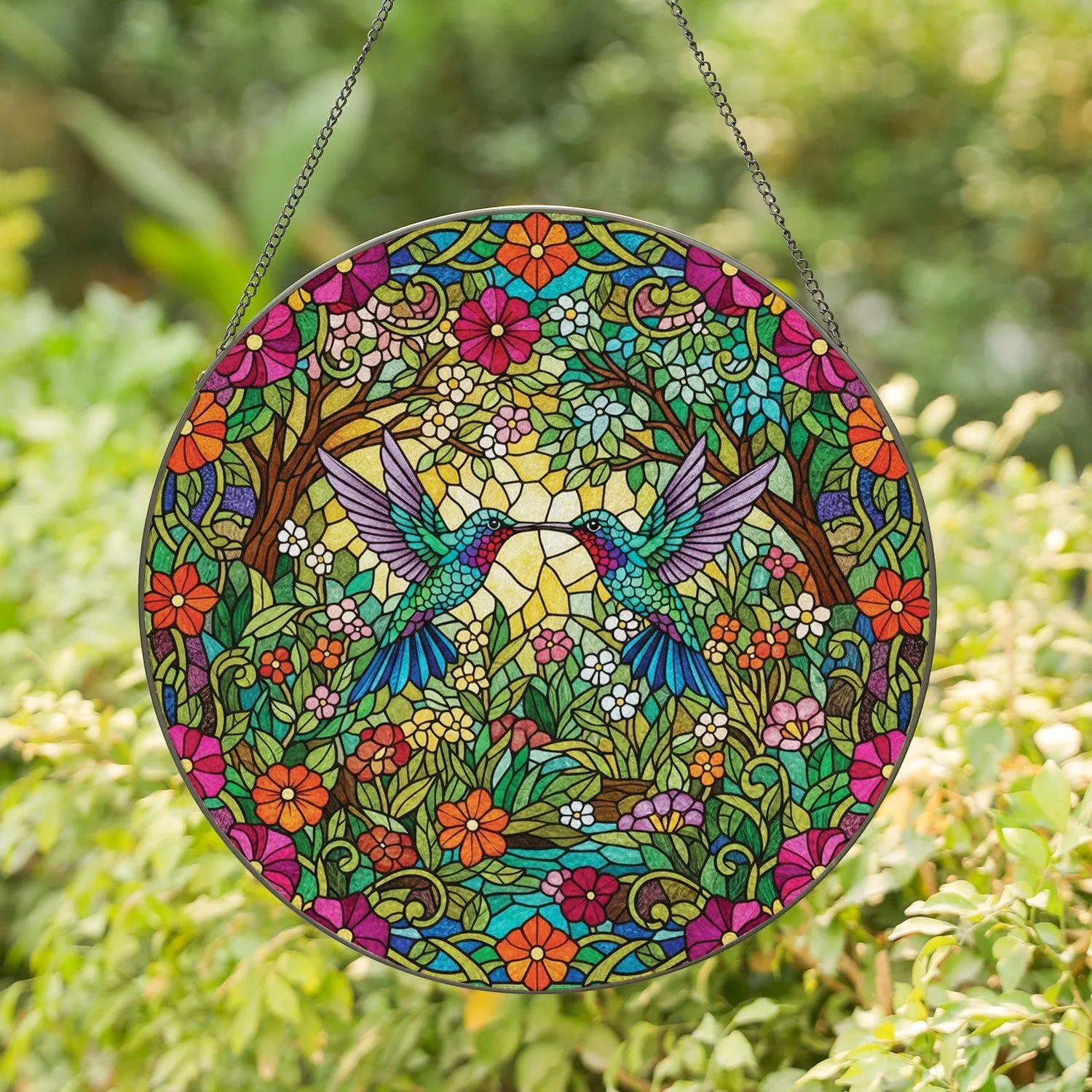 Two Hummingbirds Floral Garden Vines - Home Decor Gift for Bird Lover Stained Glass Suncatcher - 1