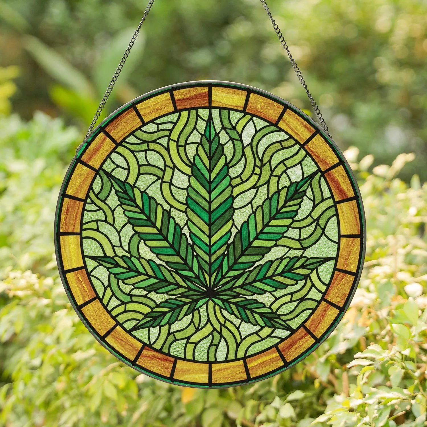 Nine-Lobed Cannabis Leaf Stained Glass Circular Frame Swirling Mosaic - Home Decor Gift Stained Glass Suncatcher - 1