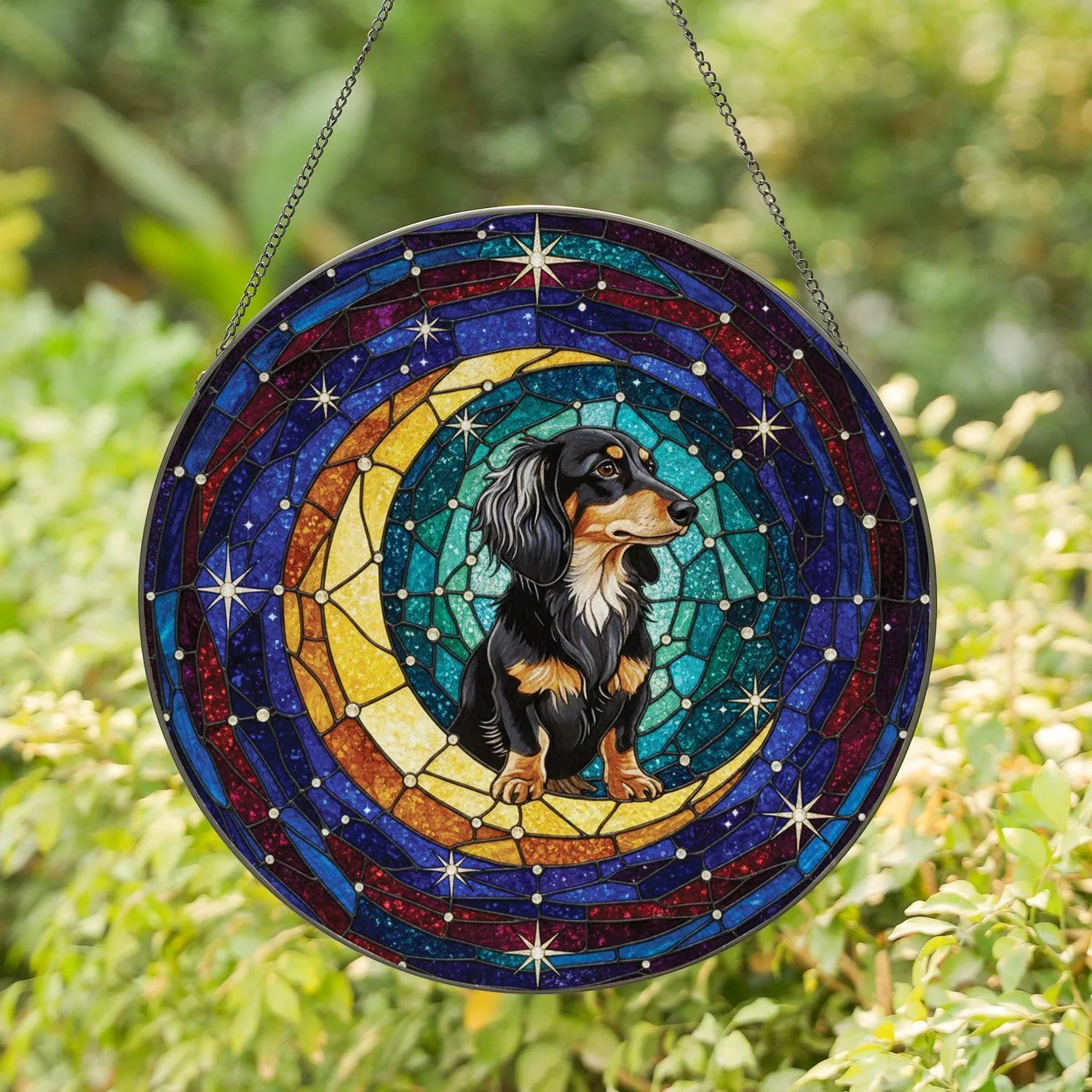 Black Tan Dachshund Dog Moon Starry Sky - Home Decor Gift for Dachshund Lover Stained Glass Suncatcher - 1