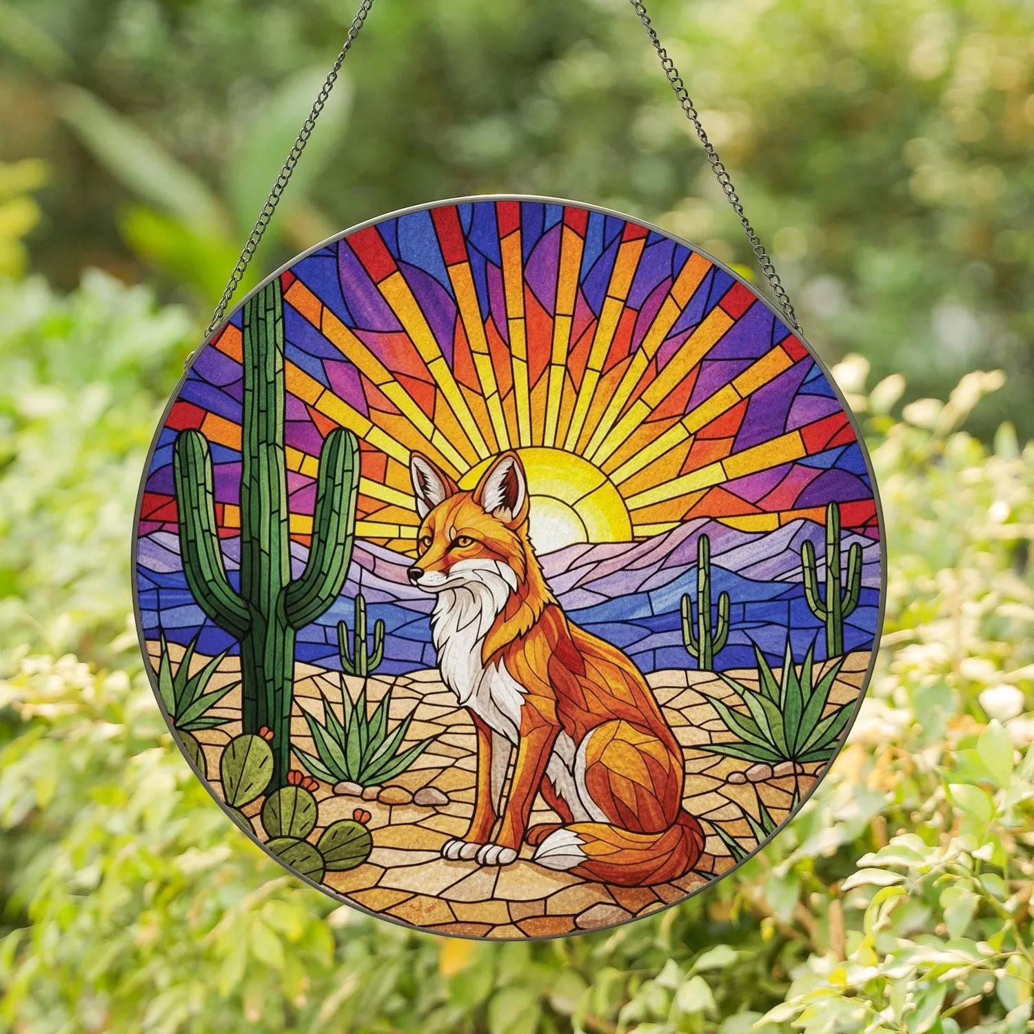 Desert Fox Saguaro Cactus Prickly Pear Desert Mountains - Wildlife Home Decor Gift Stained Glass Suncatcher - 1
