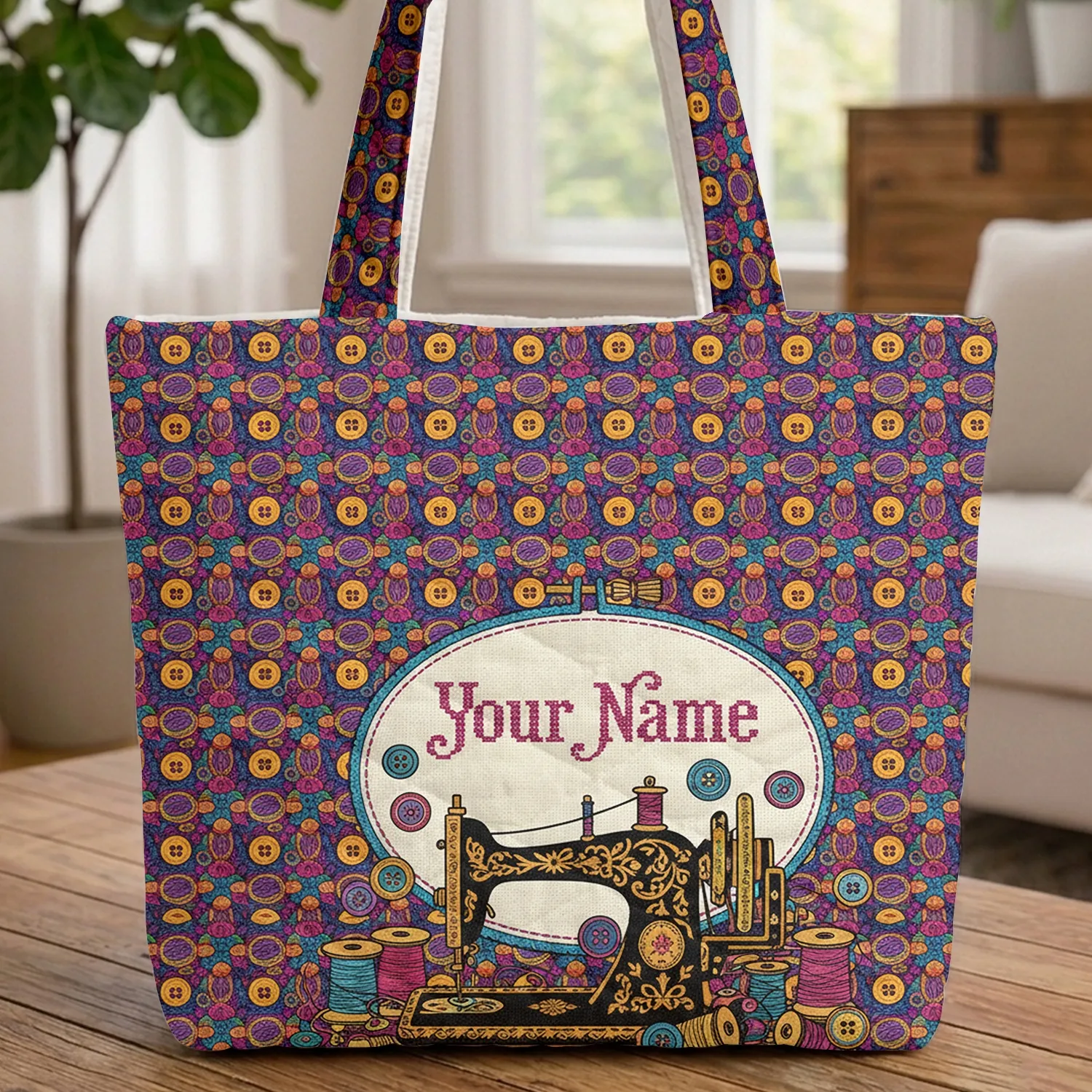 Vintage Sewing Machine Cross Stitch Name Hoop - Crafter Everyday Carry Gift Quilted Tote Bag - 1