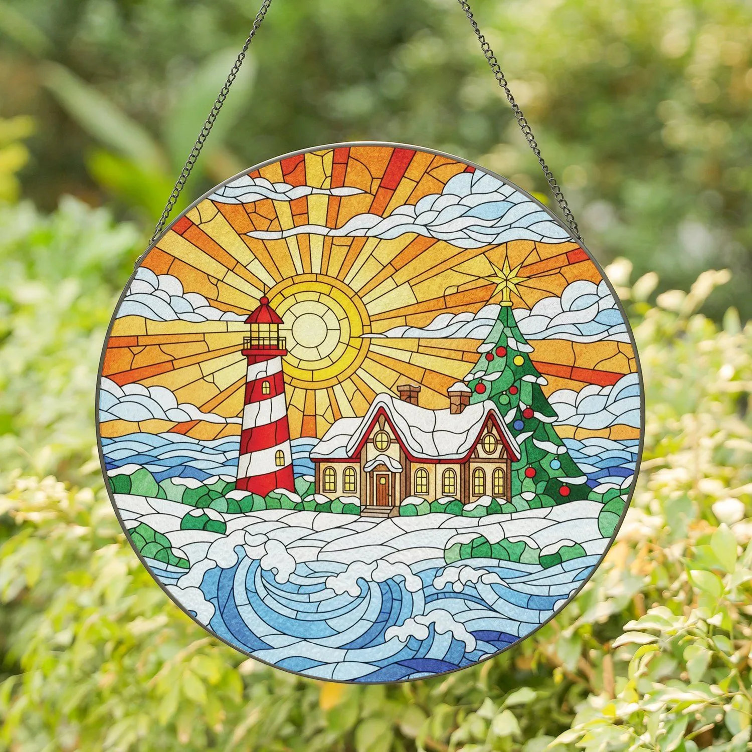 Winter Village Lighthouse Red Roof House Christmas Tree - Christmas Home Decor Gift Stained Glass Suncatcher - 1