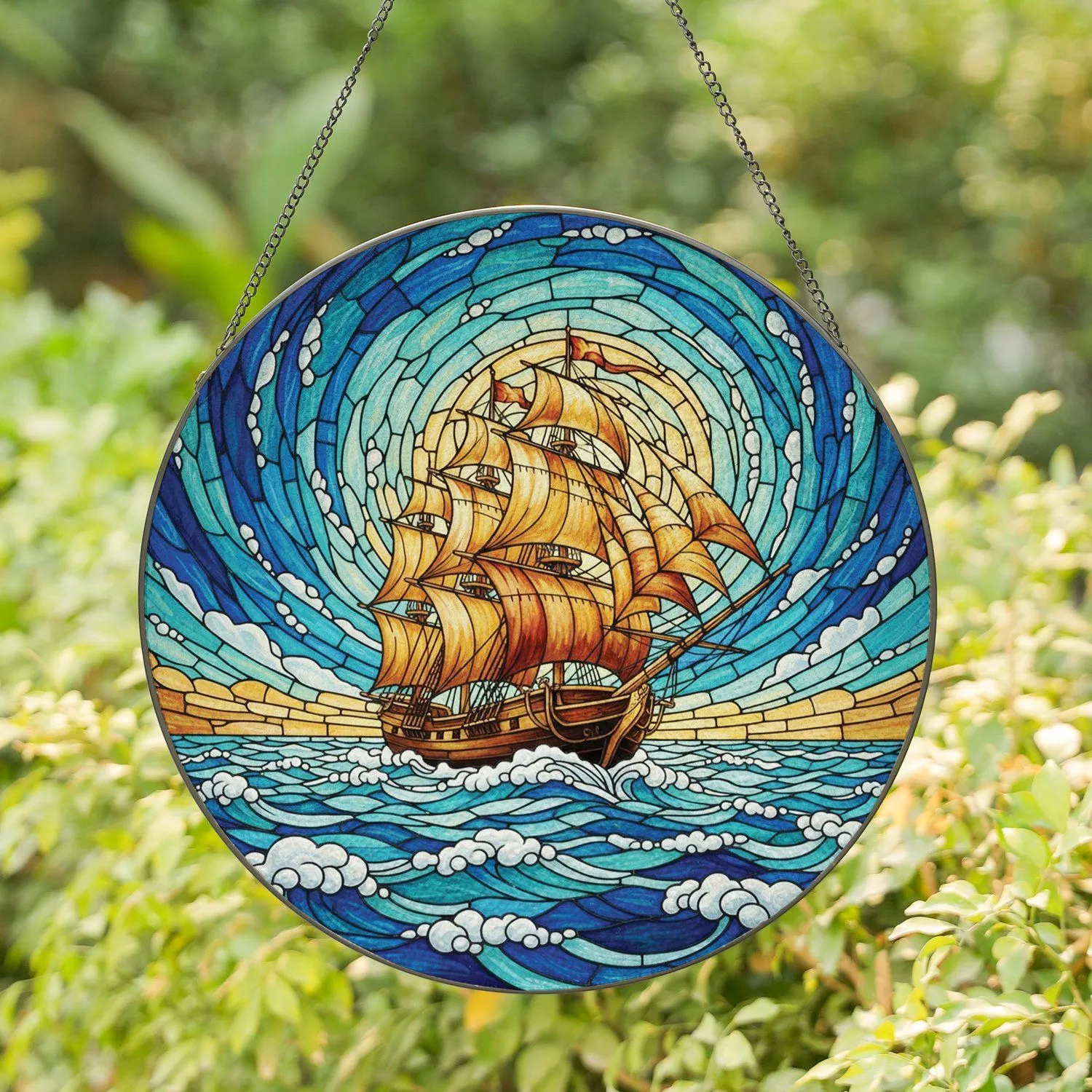 Tall Ship Sailing Ocean Waves Sky Scene - Stained Glass Home Decor Gift Stained Glass Suncatcher - 1