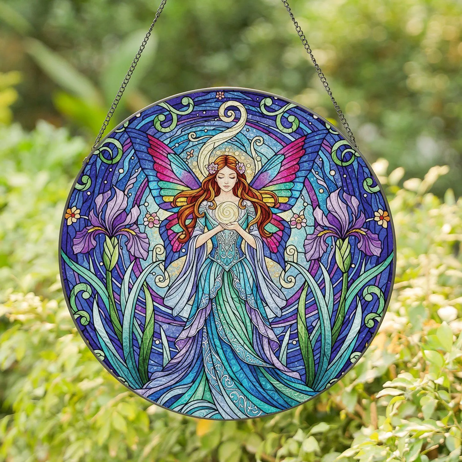 Fairy Butterfly Iris Floral Celestial Swirls - Home Decor Gift for Fantasy Lover Stained Glass Suncatcher - 1