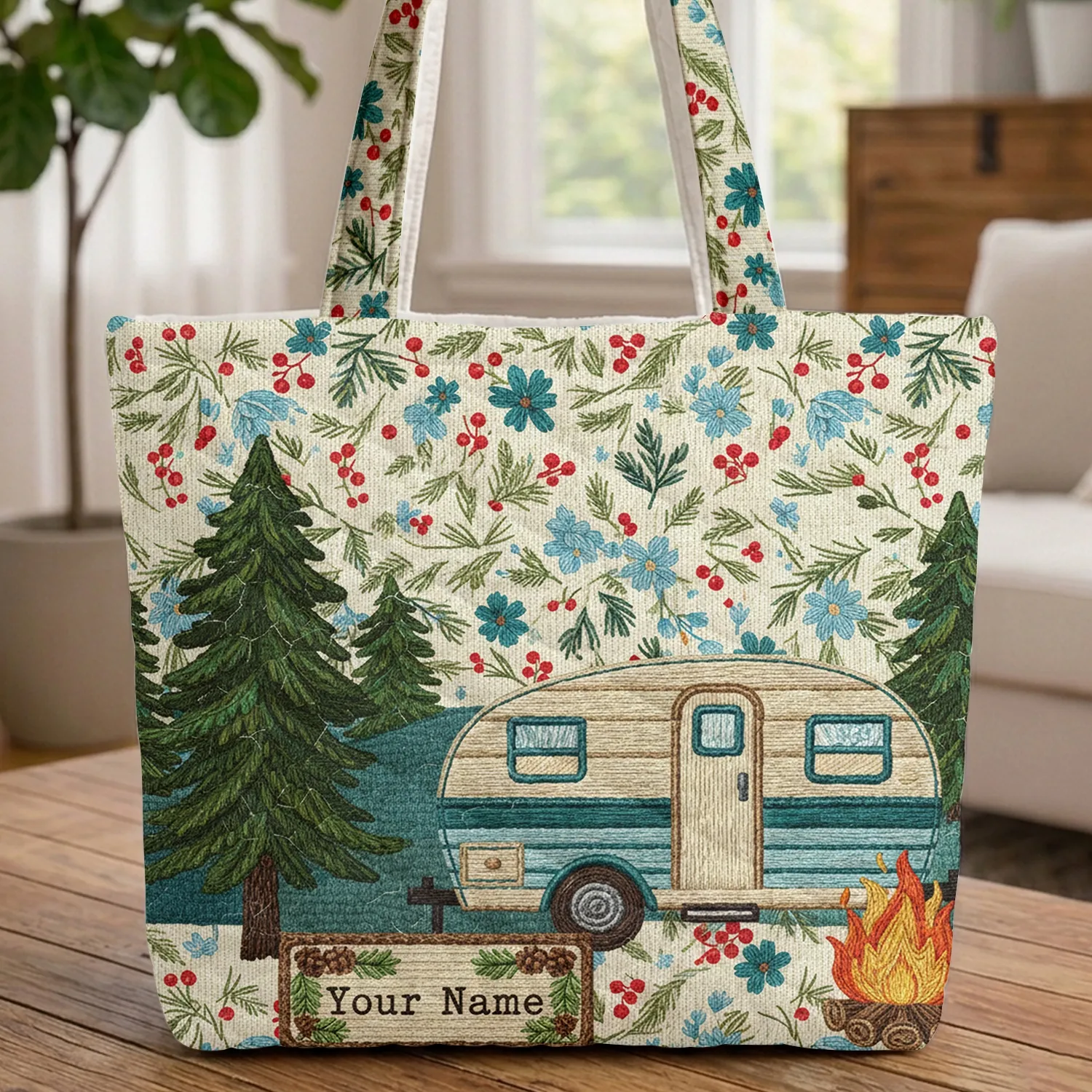 Vintage Travel Trailer Campfire Pine Wildflower Wooden Sign - Travel Essentials Gift Quilted Tote Bag - 1