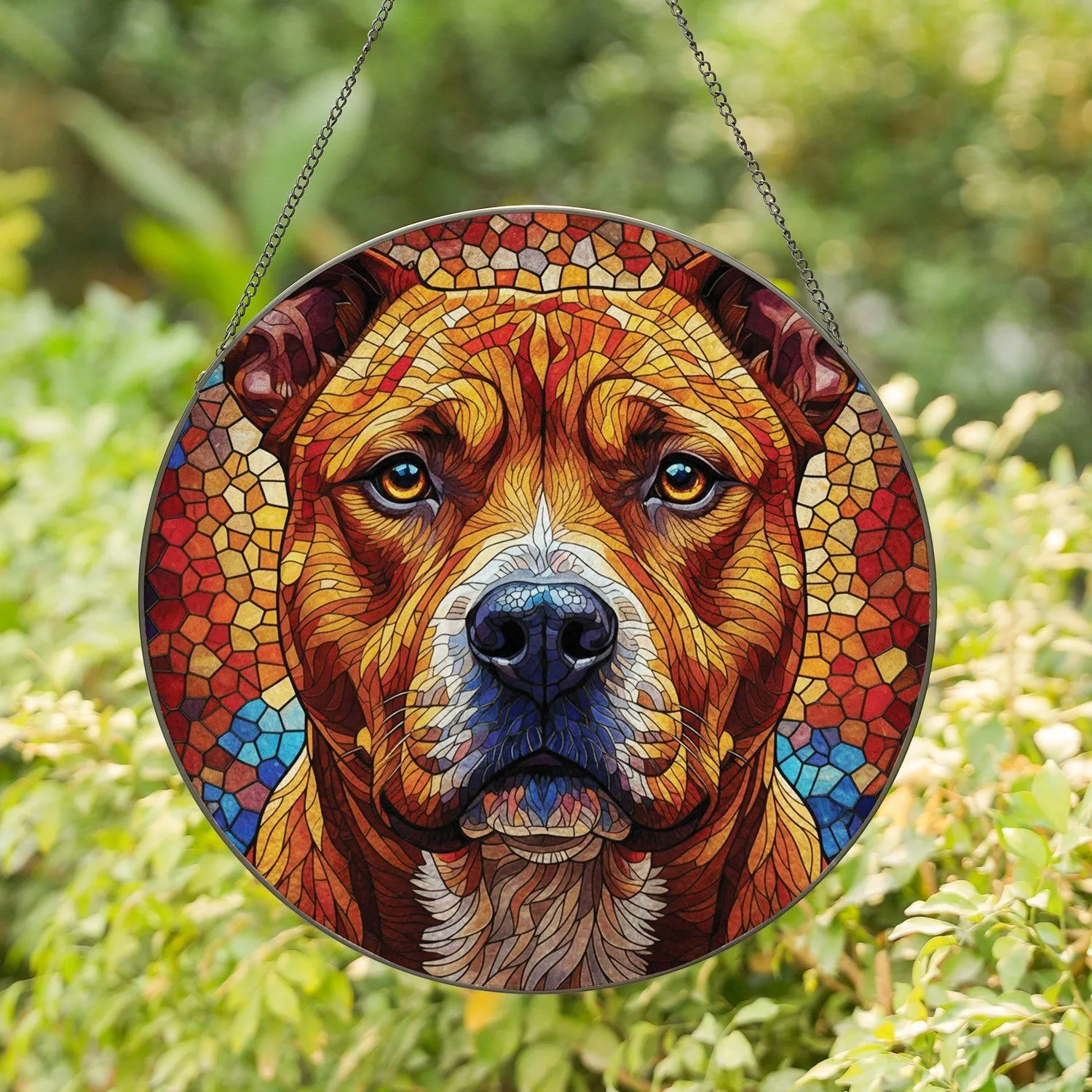 Forward Facing Pitbull Dog Attentive Gaze Portrait - Window Decor Gift for Pitbull Lover Stained Glass Suncatcher - 1