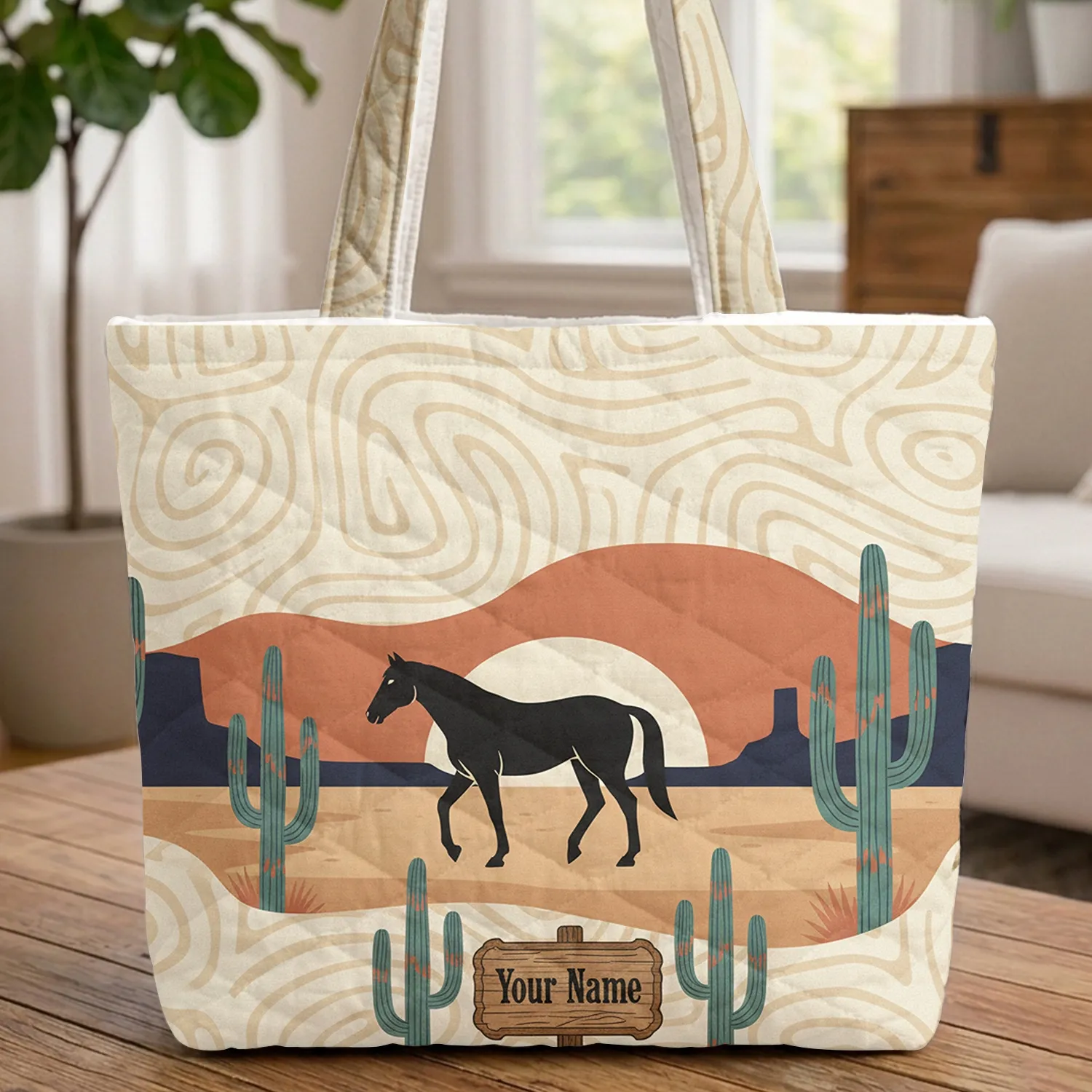 Black Horse Saguaro Cacti Desert - Western Travel Essentials for Horse Lovers Quilted Tote Bag - 1