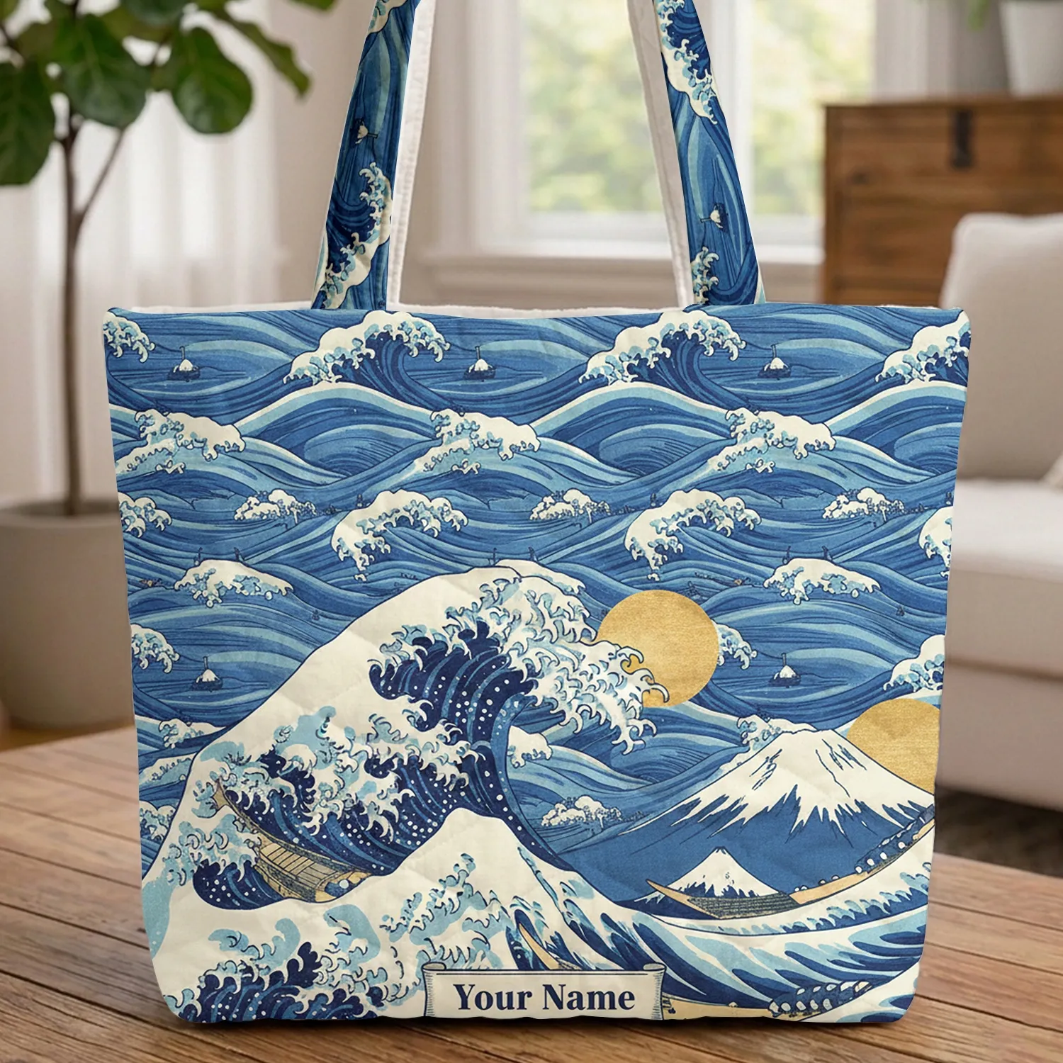 Ocean Waves Mount Fuji Fishing Boats Rising Sun Travel Essentials Quilted Tote Bag - 1
