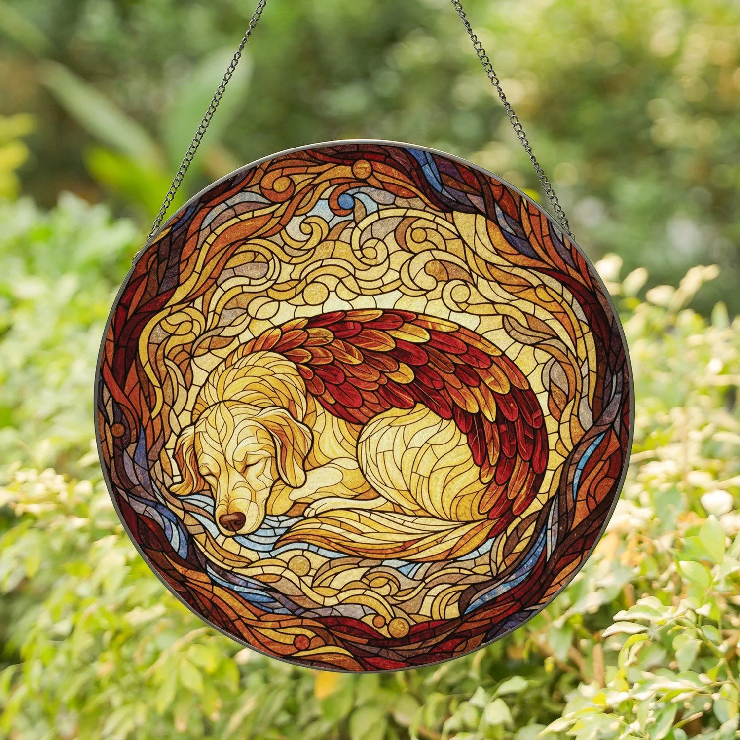 Curled Sleeping Golden Retriever Winged Fur - Home Decor Gift for Dog Lover Stained Glass Suncatcher - 1