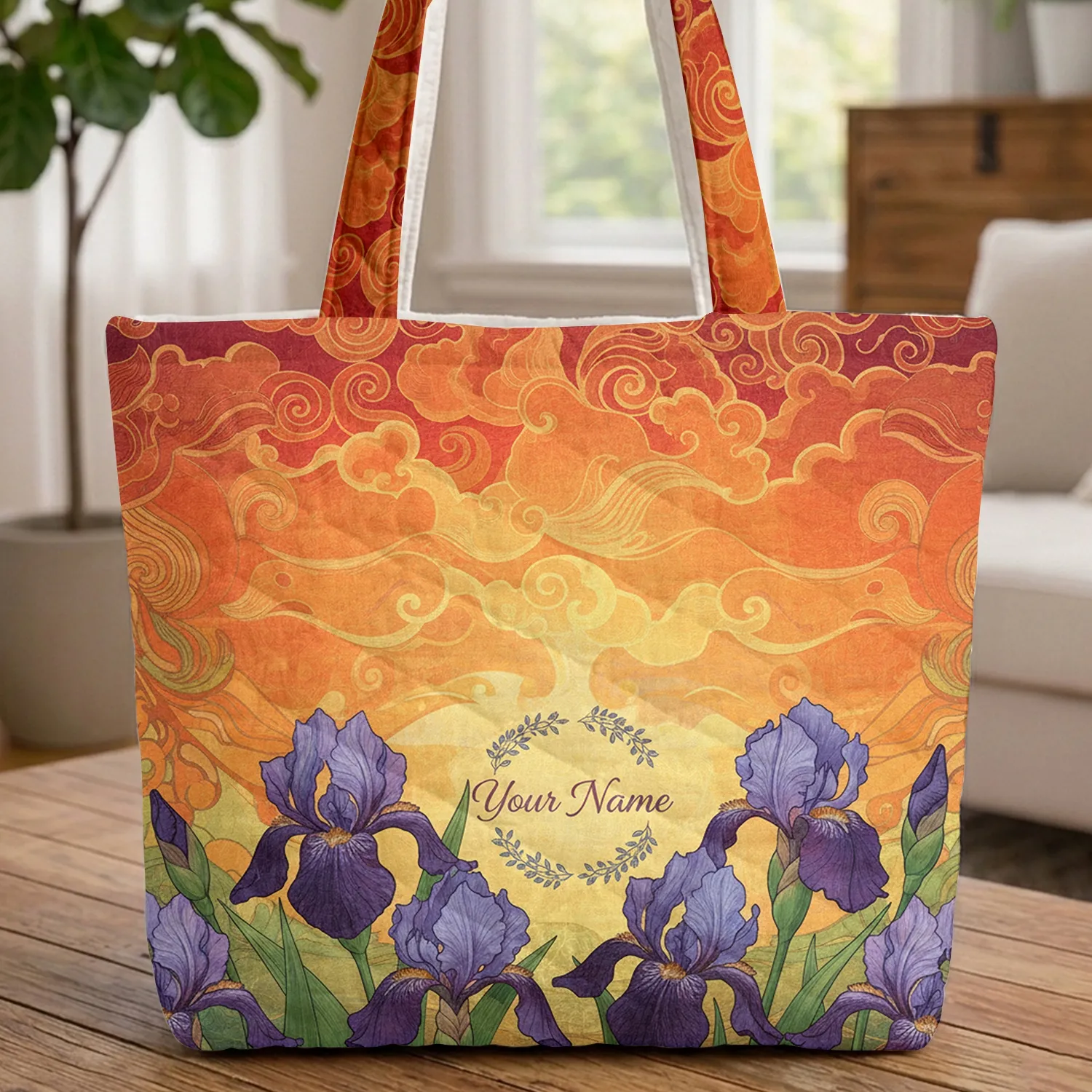 Irises Name Wreath Sunset Cloud Swirls Interwoven Lines - Everyday Carry Gift Quilted Tote Bag - 1