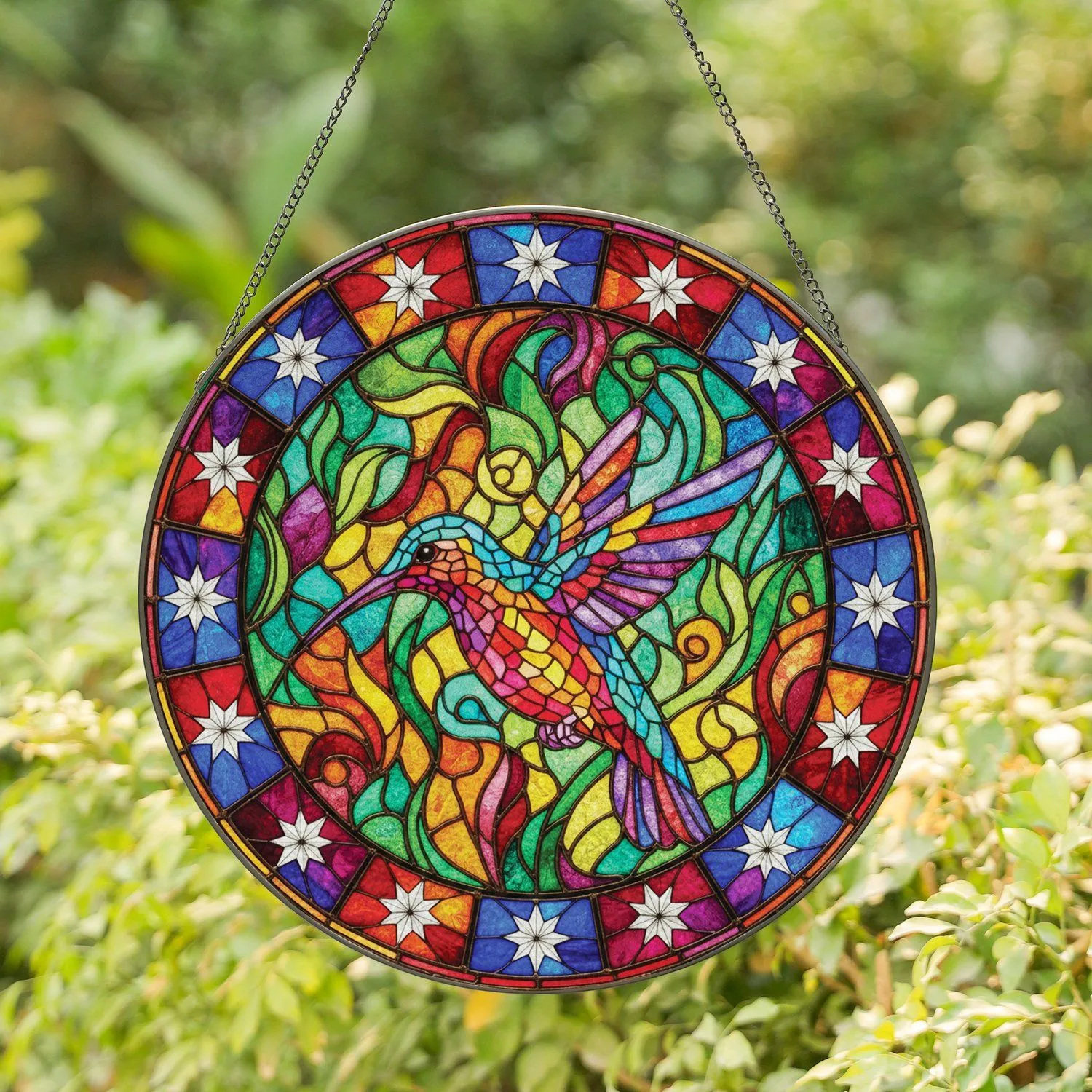 Iridescent Stained Glass Hummingbird Stars Botanical - Wildlife Lover Home Decor Gift Stained Glass Suncatcher - 1