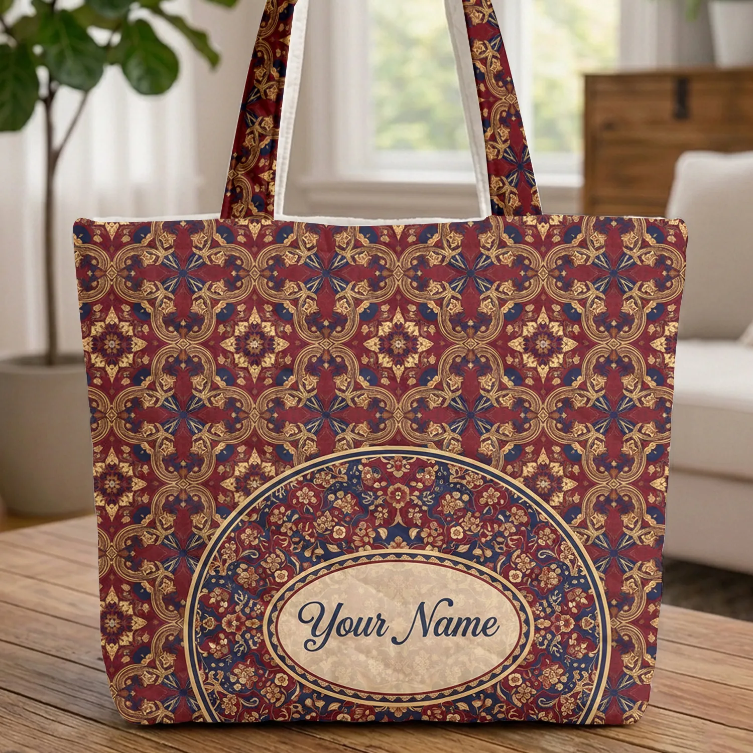 Oriental Tapestry Floral Geometric Filigree Everyday Carry Travel Essentials Gift for Her Quilted Tote Bag - 1