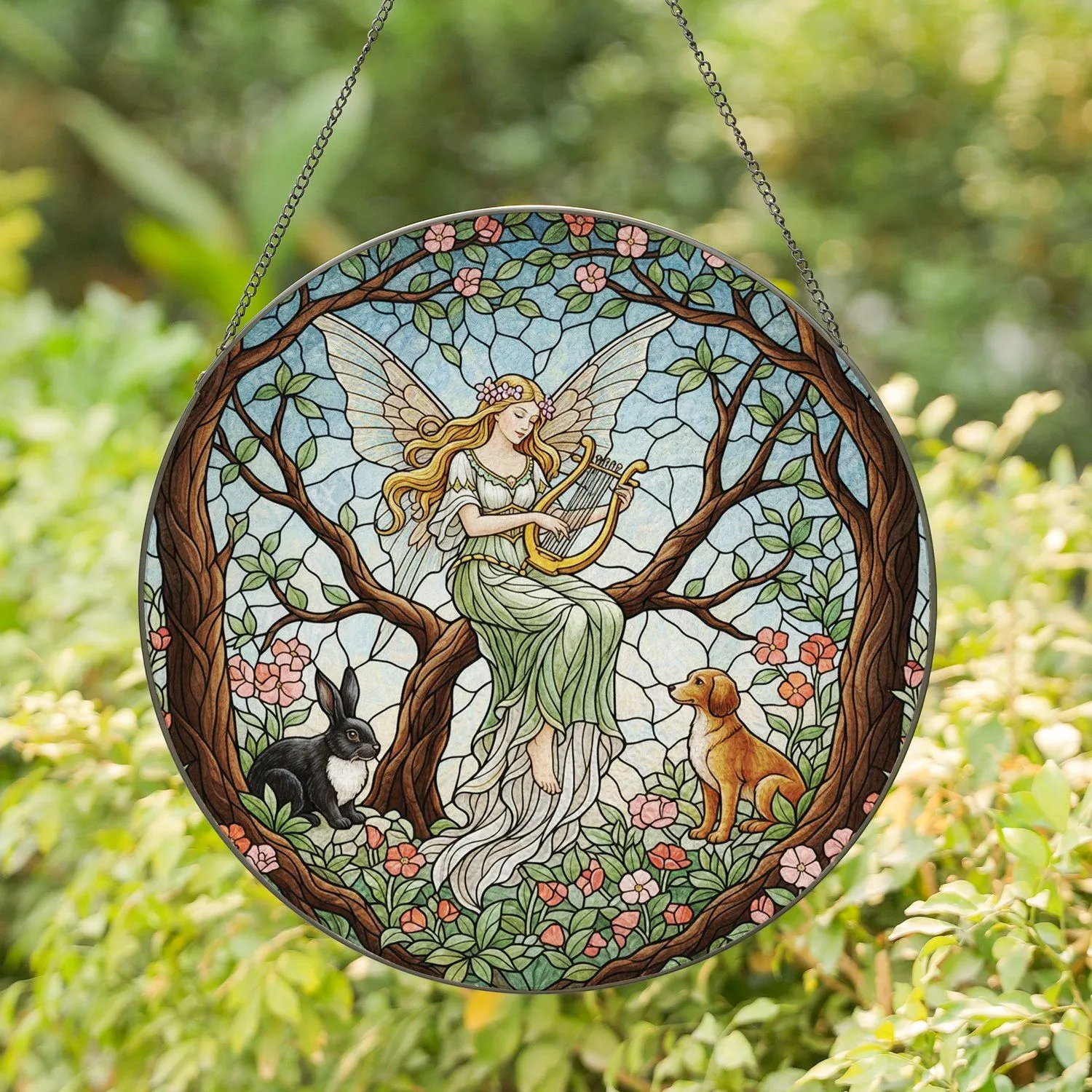 Winged Fairy Woman Lyre Rabbit Dog Tree Branch Swirled Sky - Home Decor Gift for Fairy Lover Stained Glass Suncatcher - 1