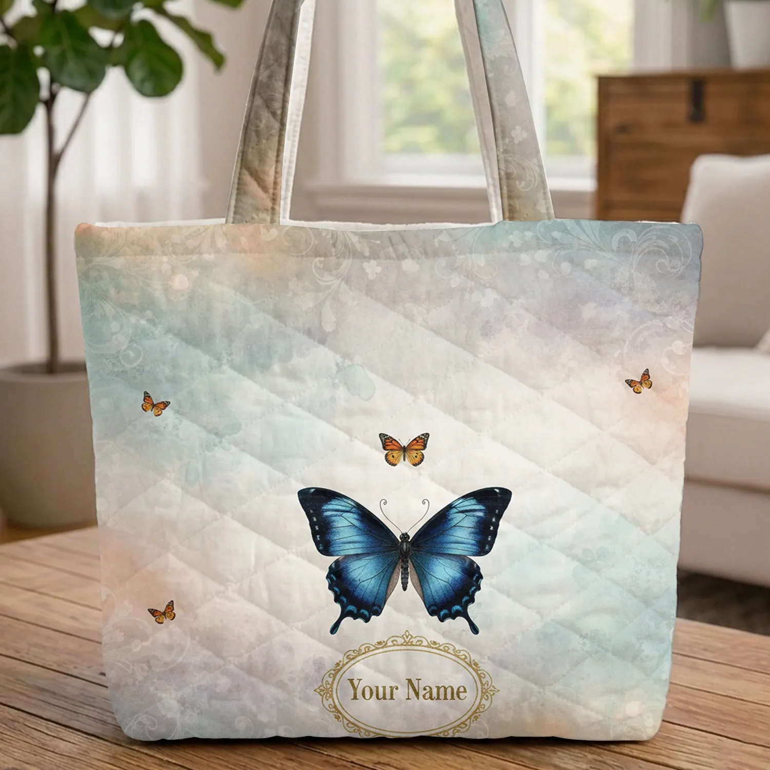 Vintage Entomology Butterfly Botanical Golden Oval - Everyday Carry Gift Quilted Tote Bag - 1