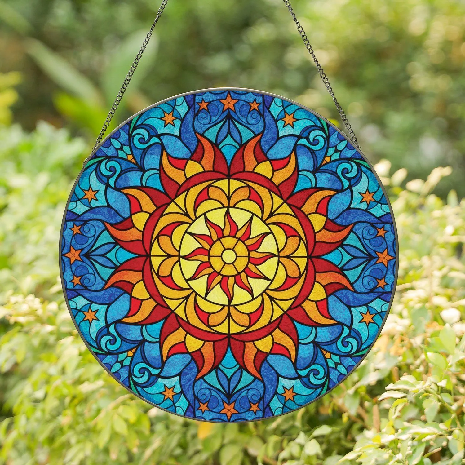 Radiant Sun Mandala Flame Petals Celestial Stars Swirling Patterns - Home Decor Gift Stained Glass Suncatcher - 1