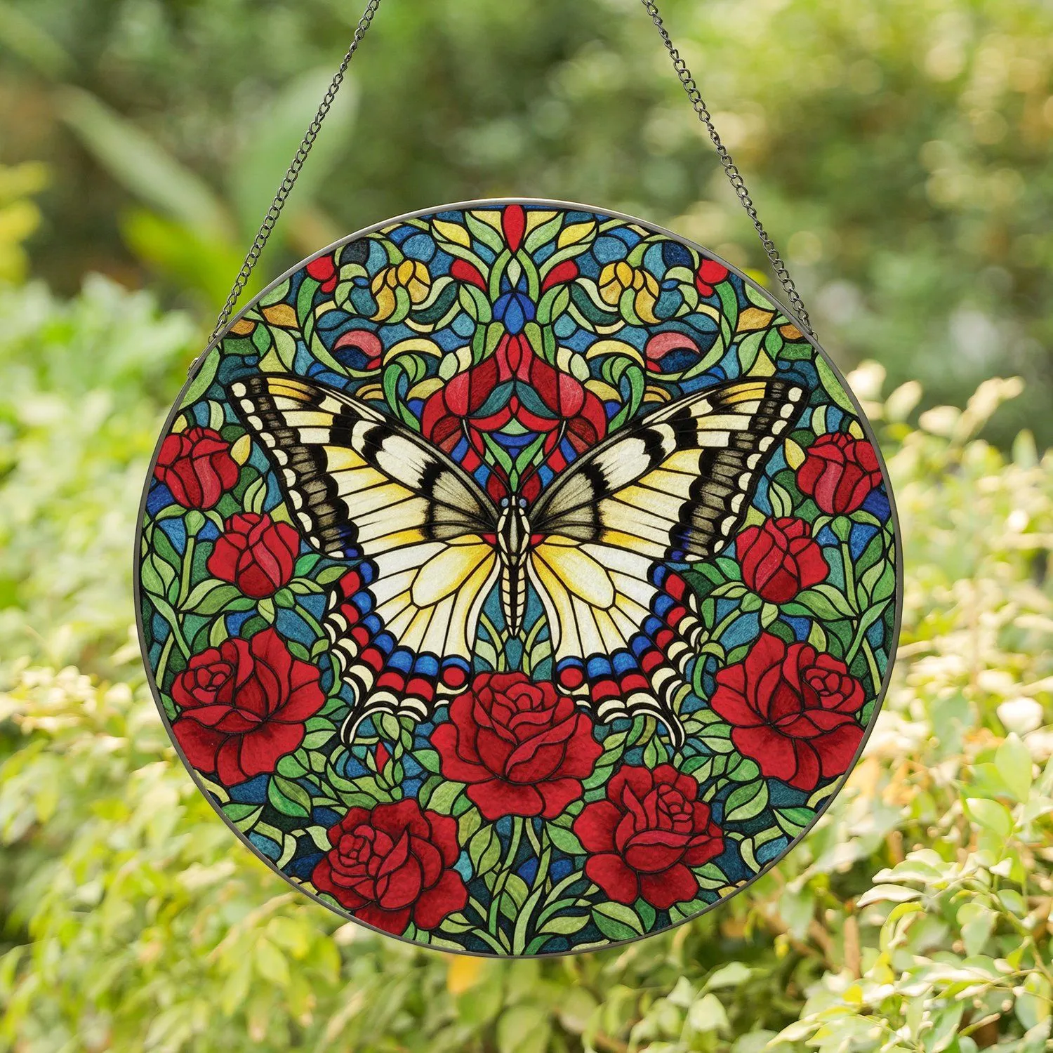 Majestic Swallowtail Butterfly Red Roses Floral Garden Mosaic - Nature Lover Home Decor Stained Glass Suncatcher - 1