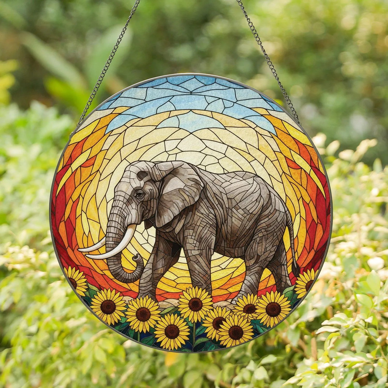 White Tusk Elephant Sunflower Sunset Sky - Home Decor Gift for Wildlife Lovers Stained Glass Suncatcher - 1