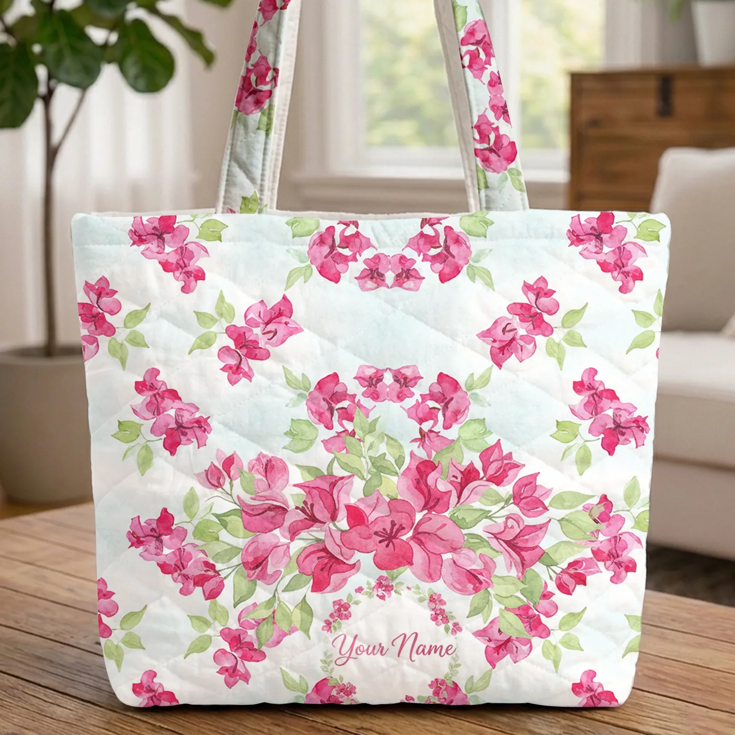 Ornate Bougainvillea Flower Botanical Bouquet Name Wreath - Everyday Carry Gift Quilted Tote Bag - 1
