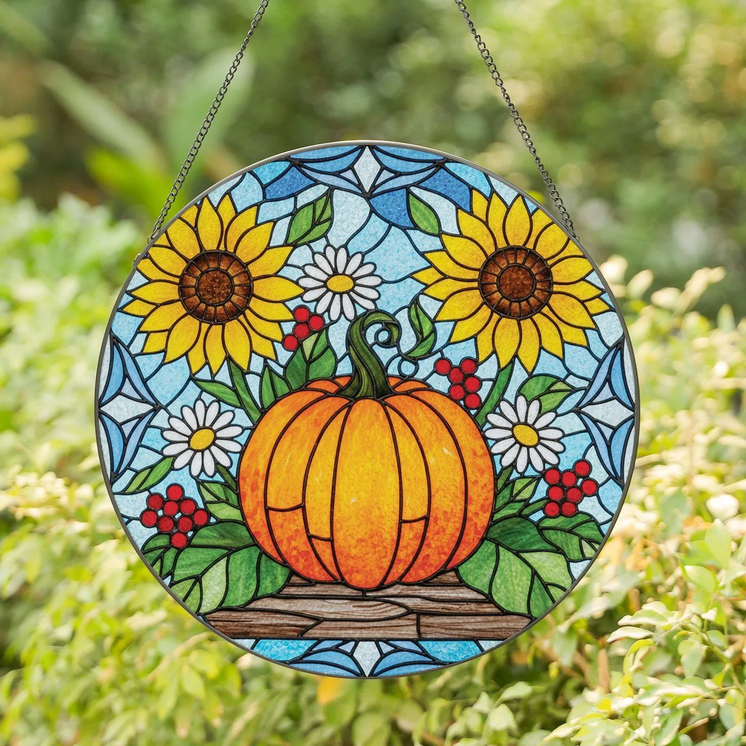 Plump Orange Pumpkin Sunflowers Daisies Red Berries Lush Green Leaves - Farmhouse Decor Gift Stained Glass Suncatcher - 1