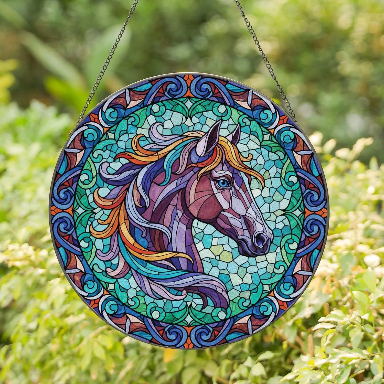 Majestic Horse Head Curvilinear Swirls - Home Decor Gift for Horse Lovers Stained Glass Suncatcher - 1