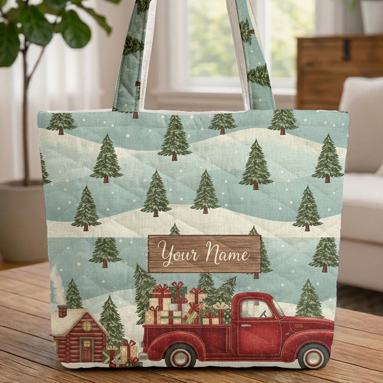 Vintage Red Pickup Truck Christmas Trees Snowy Cabin - Holiday Gift Quilted Tote Bag - 1