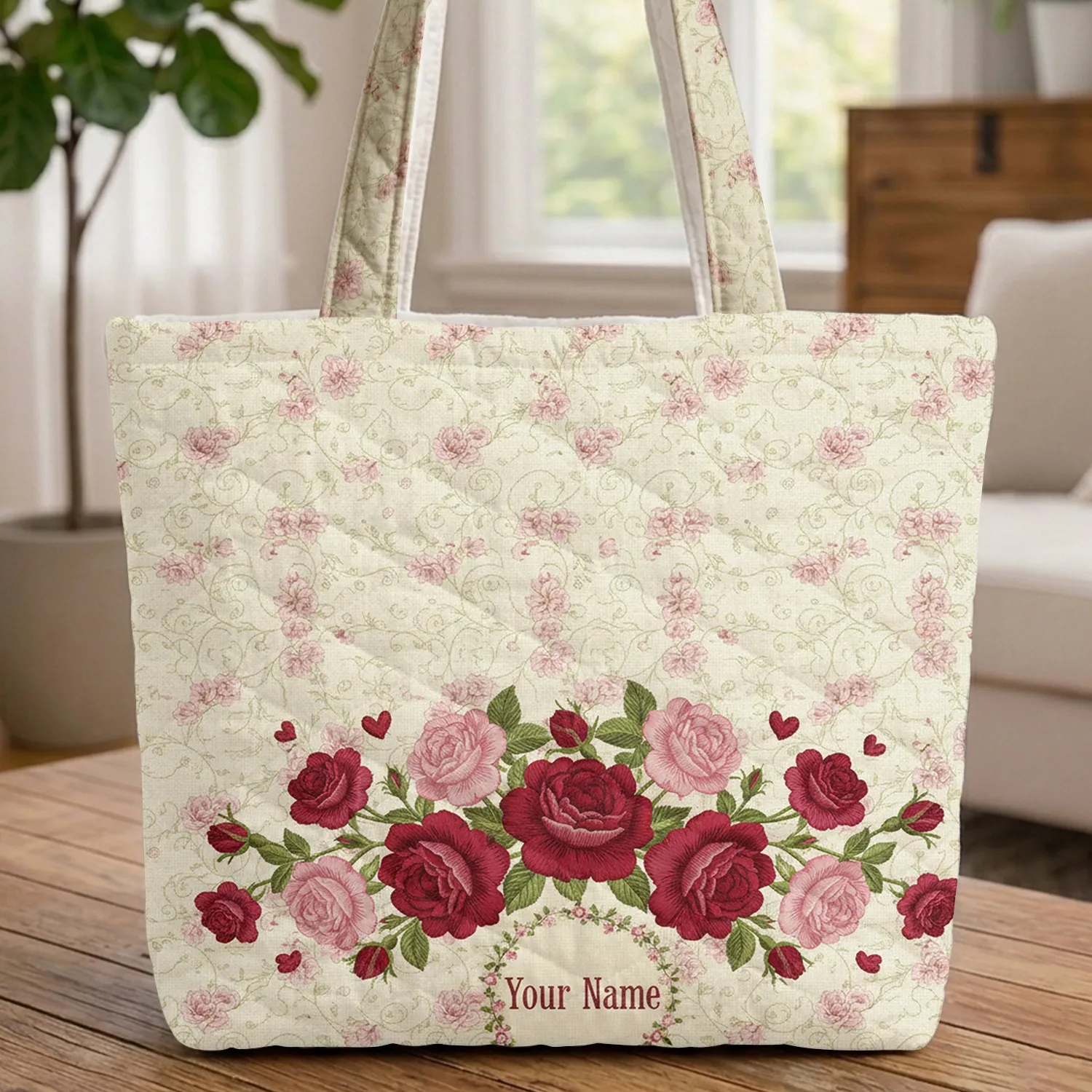 Roses Hearts Floral Wreath Your Name Scrolling Rose Vines - Everyday Carry Gift Quilted Tote Bag - 1