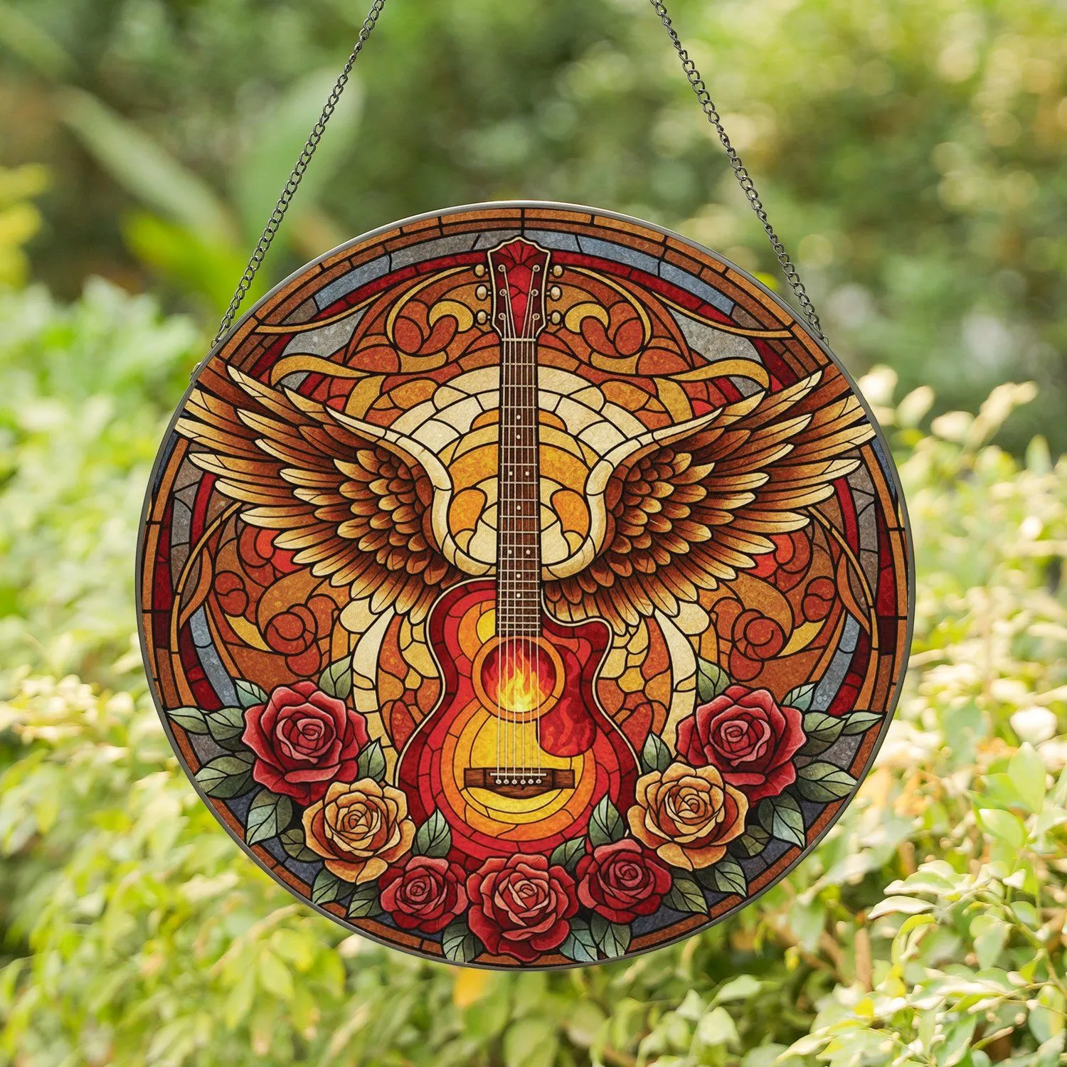 Stained Glass Winged Guitar Roses - Music Lover Home Decor Gift Stained Glass Suncatcher - 1