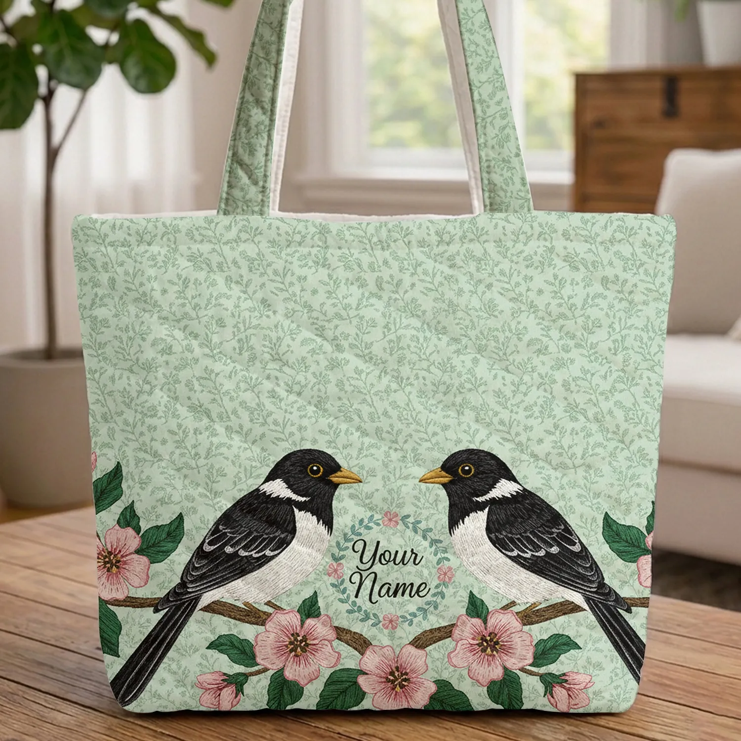 Personalized Floral Wreath Birds Flowering Branch - Wildlife Lover Everyday Gift Quilted Tote Bag - 1