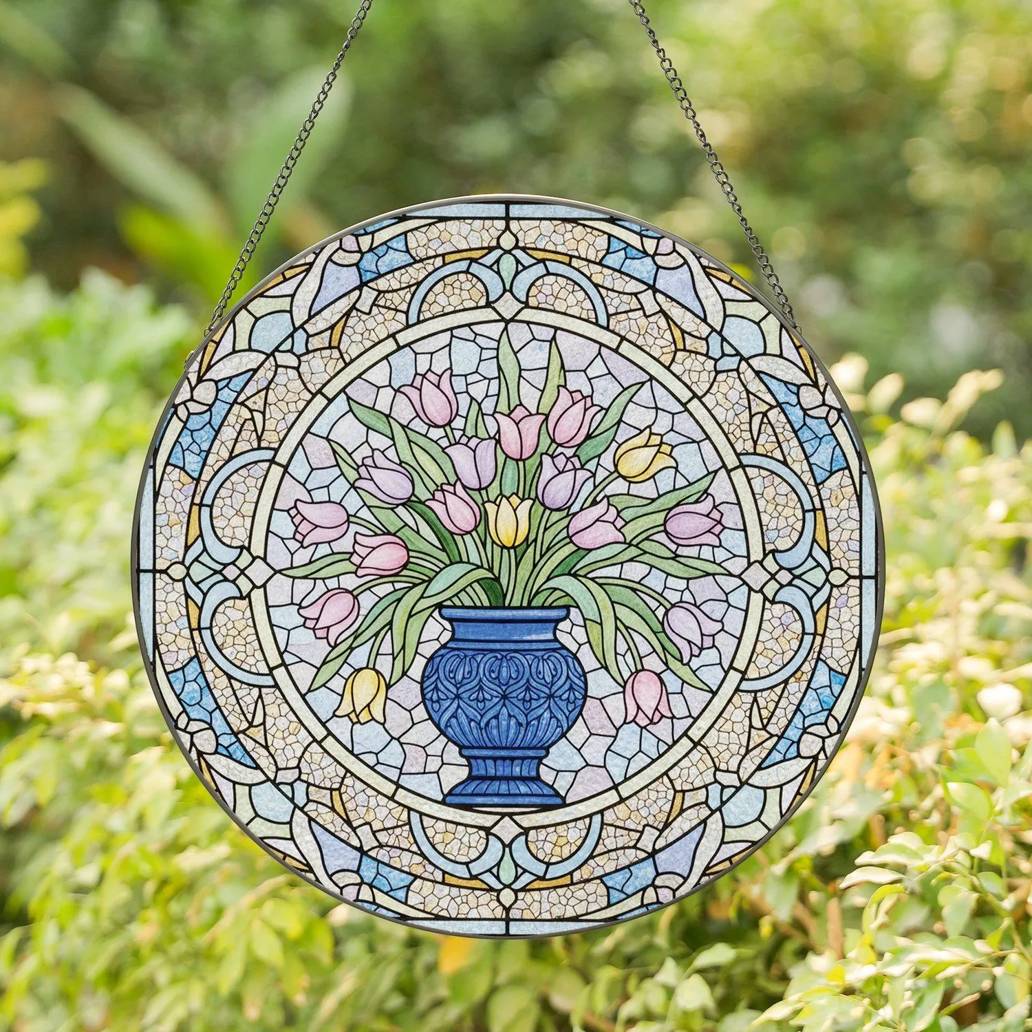 Ornate Blue Vase Tulips Iridescent Border Mosaic - Home Decor Gift Stained Glass Suncatcher - 1