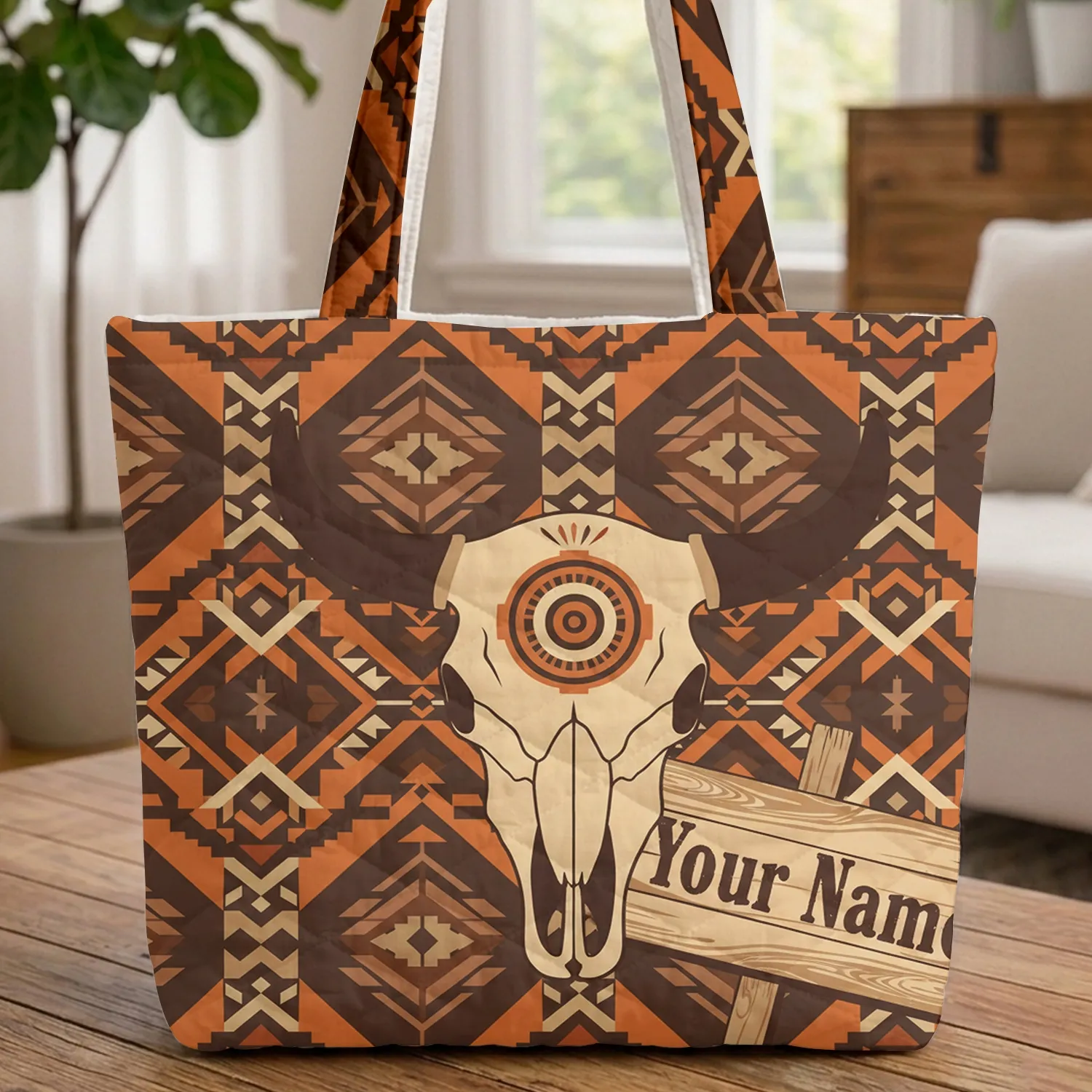 Ornate Bull Skull Concentric Circle Southwestern Geometric Everyday Carry Gift Quilted Tote Bag - 1