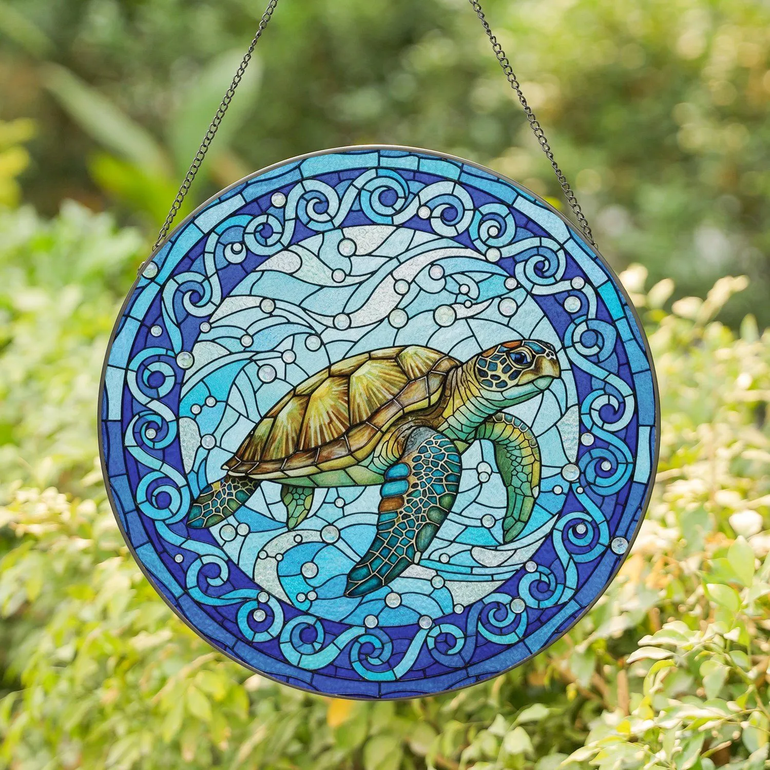 Sea Turtle Swimming Ocean Water Currents Bubbles Circular Frame Home Decor Gift Wildlife Lover Stained Glass Suncatcher - 1