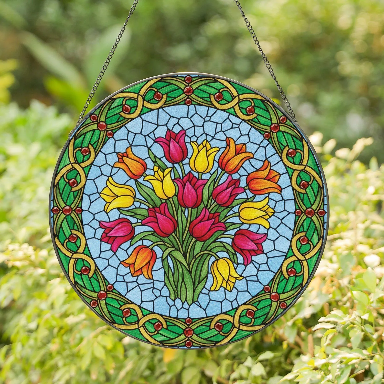 Vibrant Tiffany Style Tulips Stained Glass Green Gold Scrollwork Mosaic - Home Decor Gift Stained Glass Suncatcher - 1