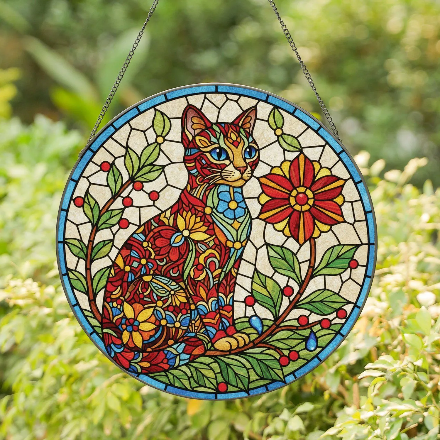 Stained Glass Cat Floral Botanical Mosaic - Home Decor Gift for Cat Lover Stained Glass Suncatcher - 1