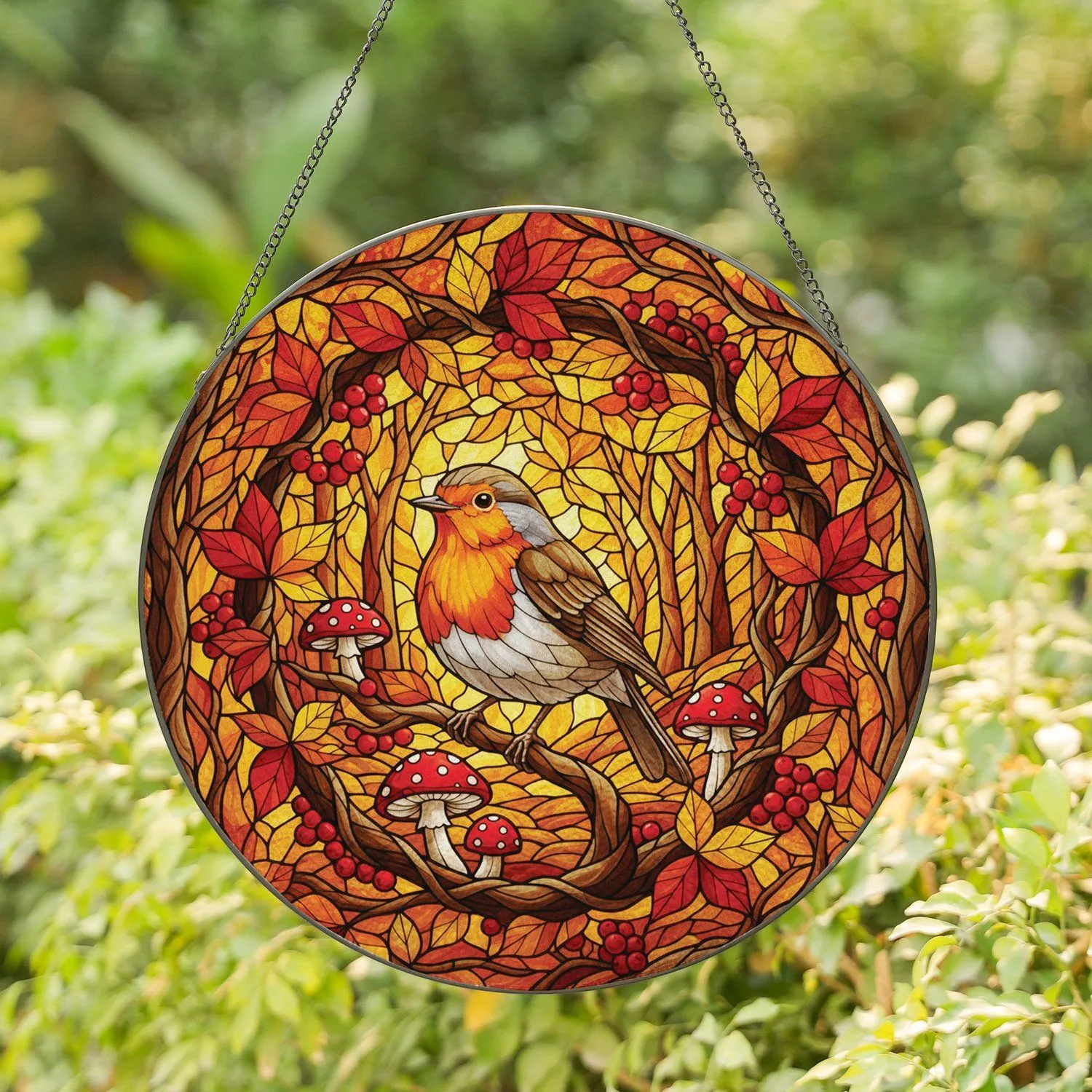 European Robin Bird on Gnarled Branch, Autumn Leaves & Mushrooms - Home Decor Gift Stained Glass Suncatcher - 1