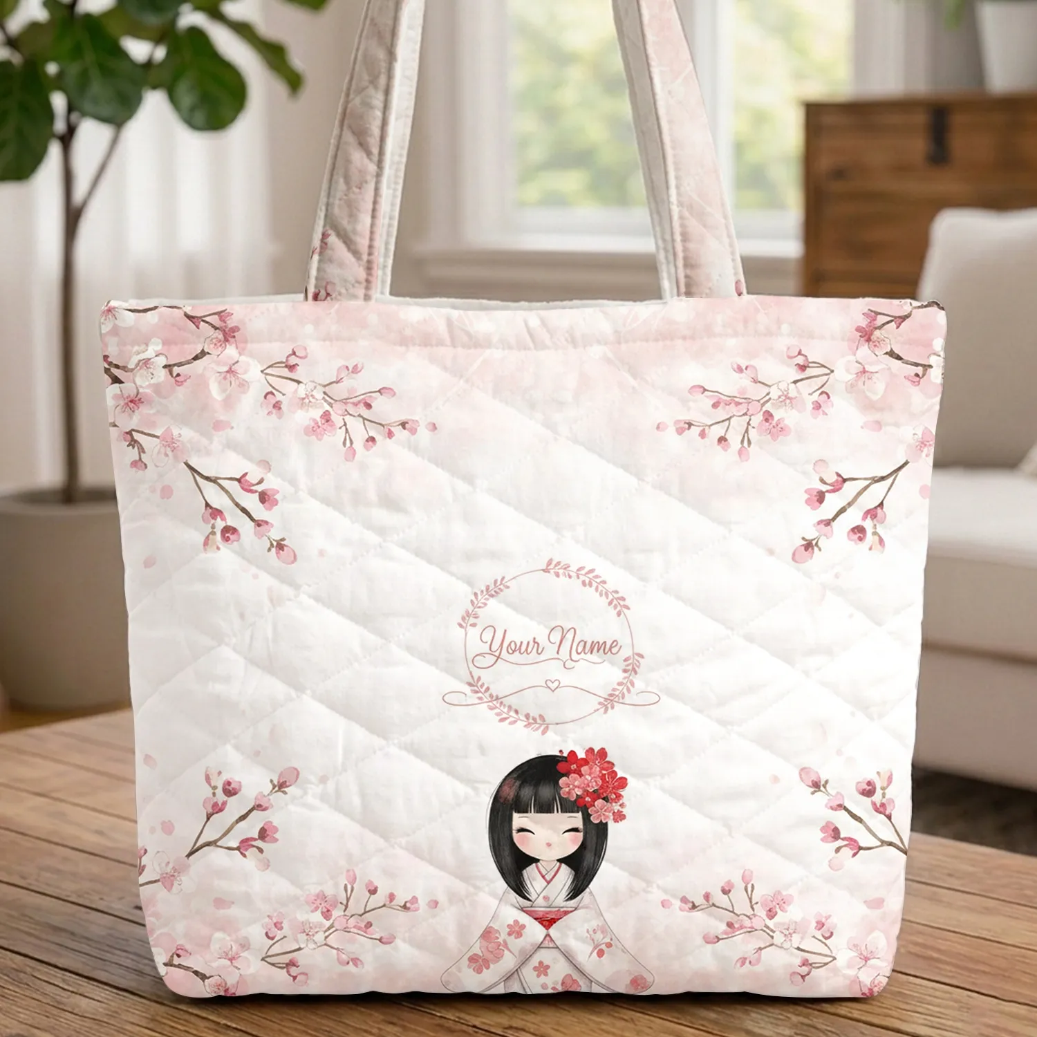 Kokeshi Doll Cherry Blossom Wreath - Everyday Carry Gift for Girls Quilted Tote Bag - 1