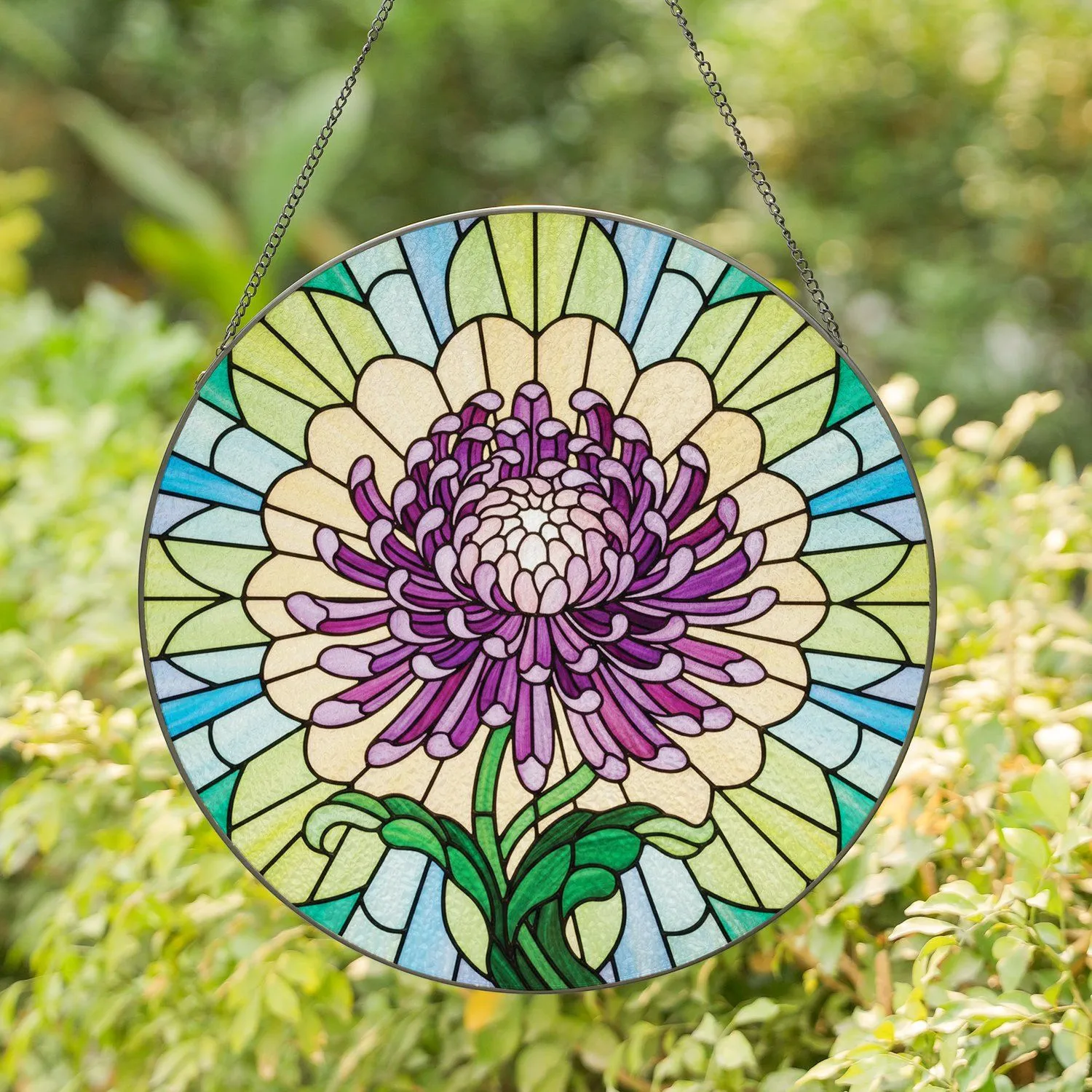 Chrysanthemum Flower Layered Petals Radiating Mosaic Glass Home Decor Gift Stained Glass Suncatcher - 1