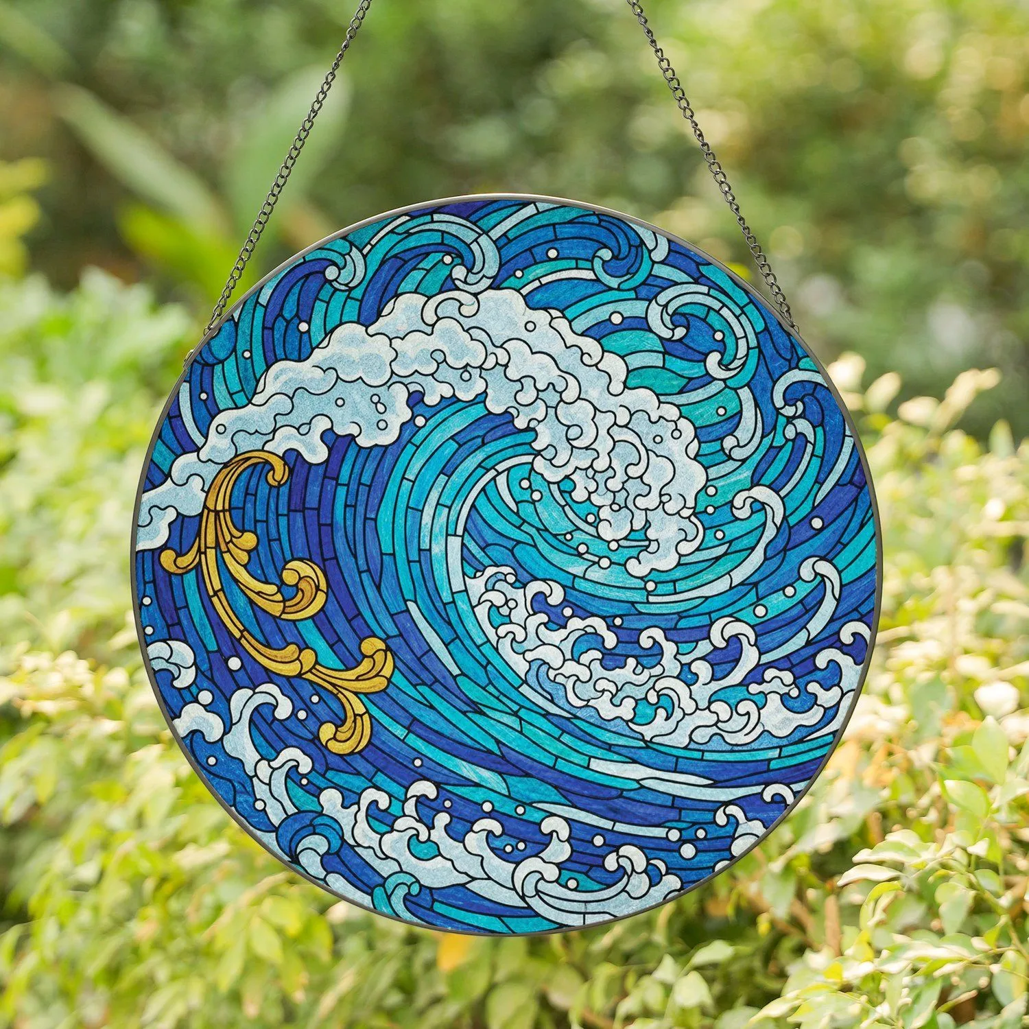 Dramatically Cresting Ocean Wave Golden Accents Water Patterns - Coastal Home Decor Gift Stained Glass Suncatcher - 1