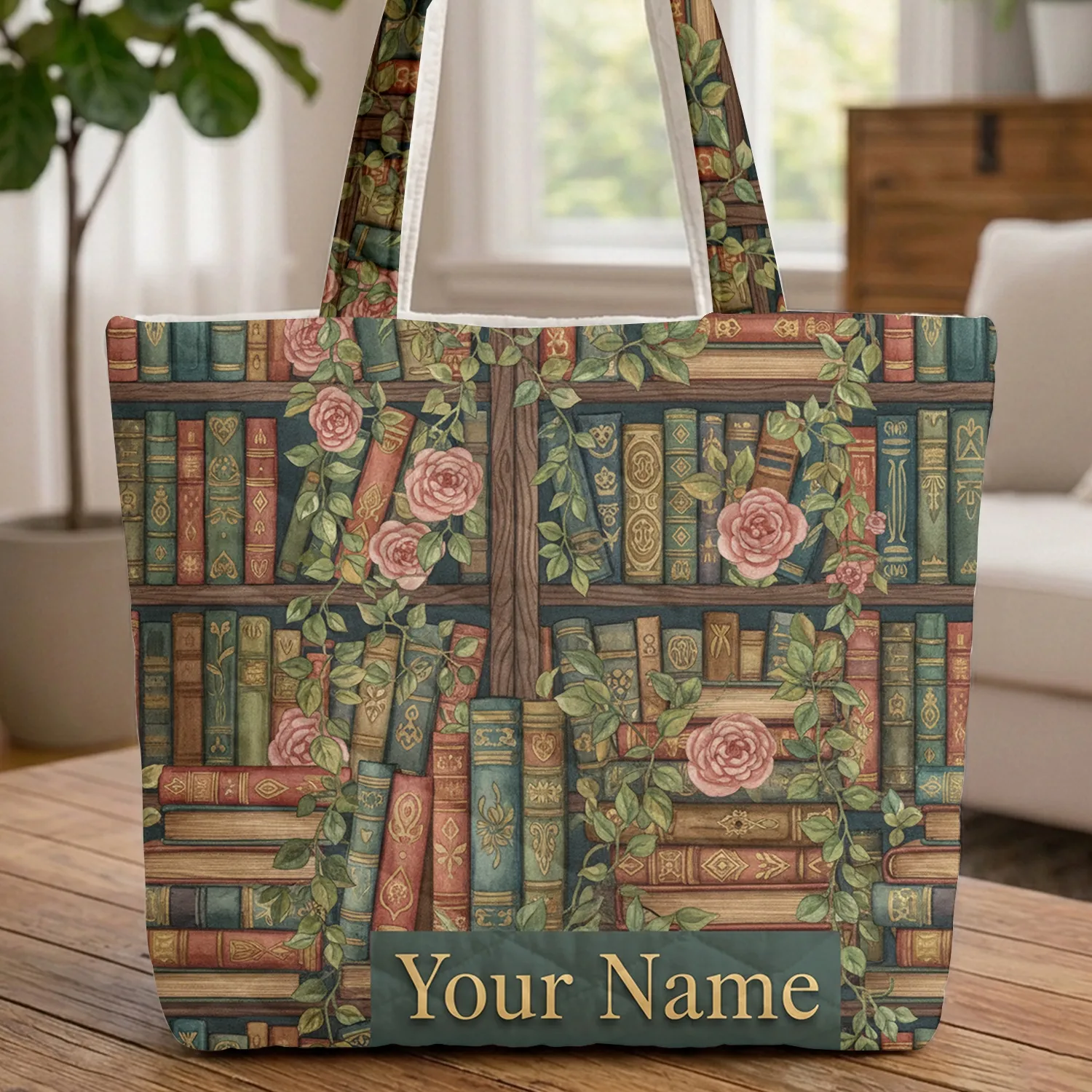 Vintage Bookshelf Botanical Roses Name Text - Everyday Carry Gift for Book Lover Quilted Tote Bag - 1