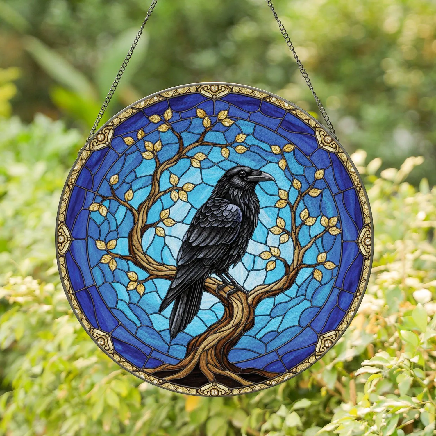 Black Raven Tiffany Glass Gnarled Tree Gold Border - Home Decor Gift for Raven Lover Stained Glass Suncatcher - 1