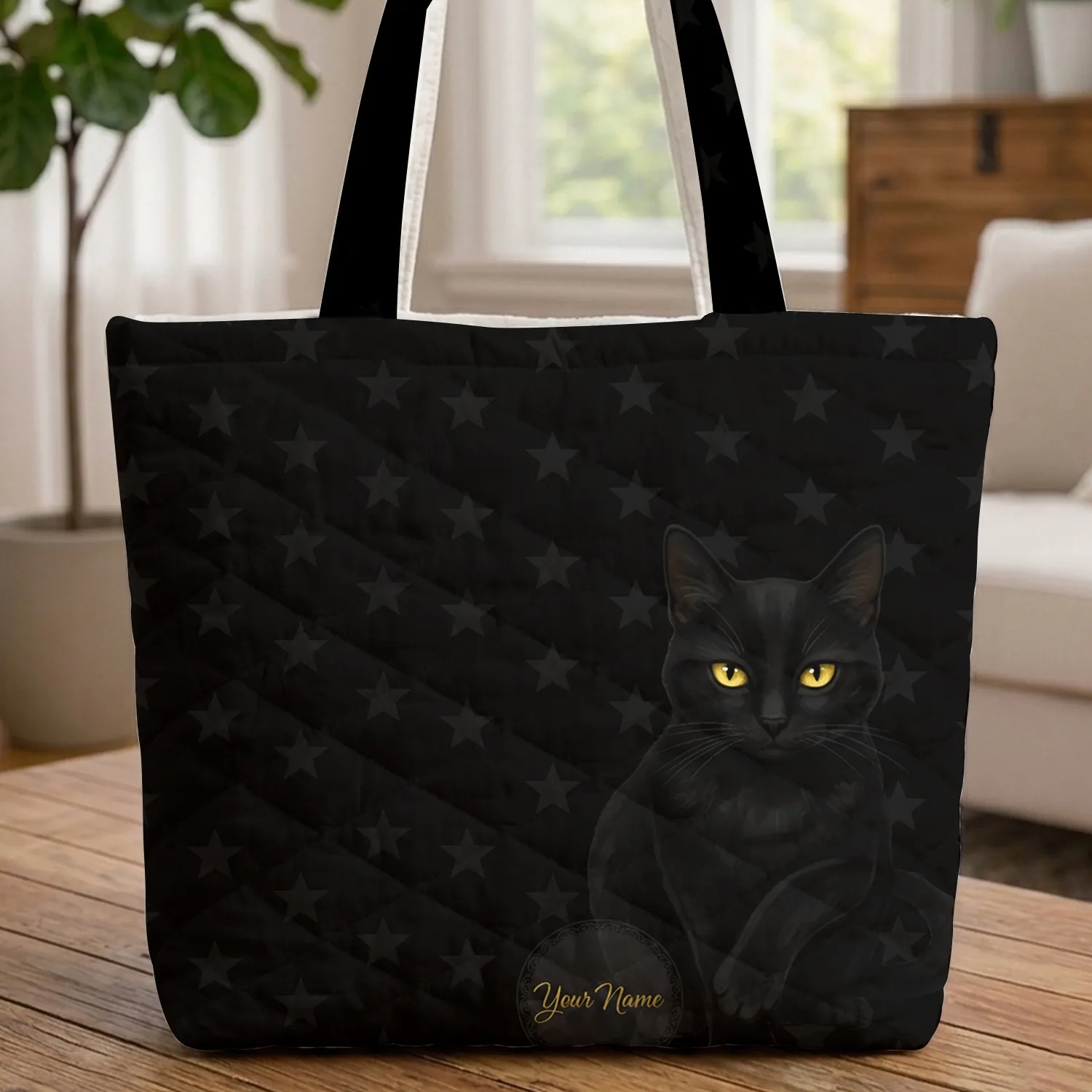 Black Cat Yellow Eyes Scattered Stars Circular Medallion Everyday Carry Gift Cat Lover Quilted Tote Bag - 1