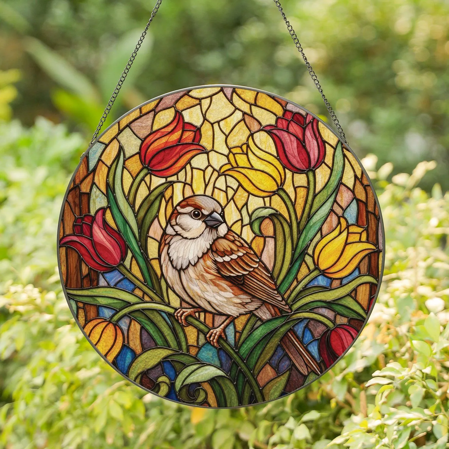 Sparrow Bird Tulip Garden - Home Decor Gift for Wildlife Lover Stained Glass Suncatcher - 1